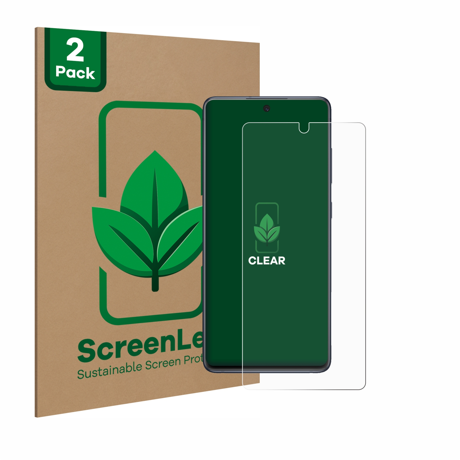 Ein Telefon, Displayschutz und eine Verpackung. Der Schutz und die Verpackung haben ein grünes Blattlogo.