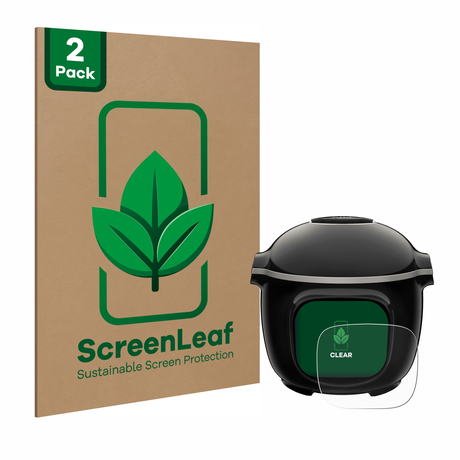 ScreenLeaf Displayschutzfolien-Pack mit schwarzem Gerät und klarer Displayschutzfolie. Ein Blatt-Logo ist auf der Box.
