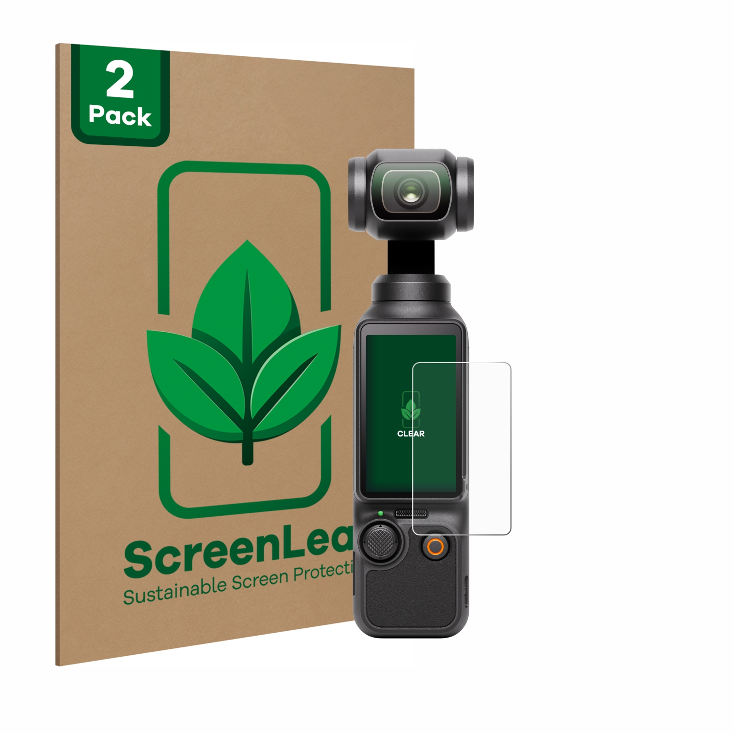 Kartonpackung mit Displayschutz und Kamera. Kamera und Schutz in der Nähe des Kartons.