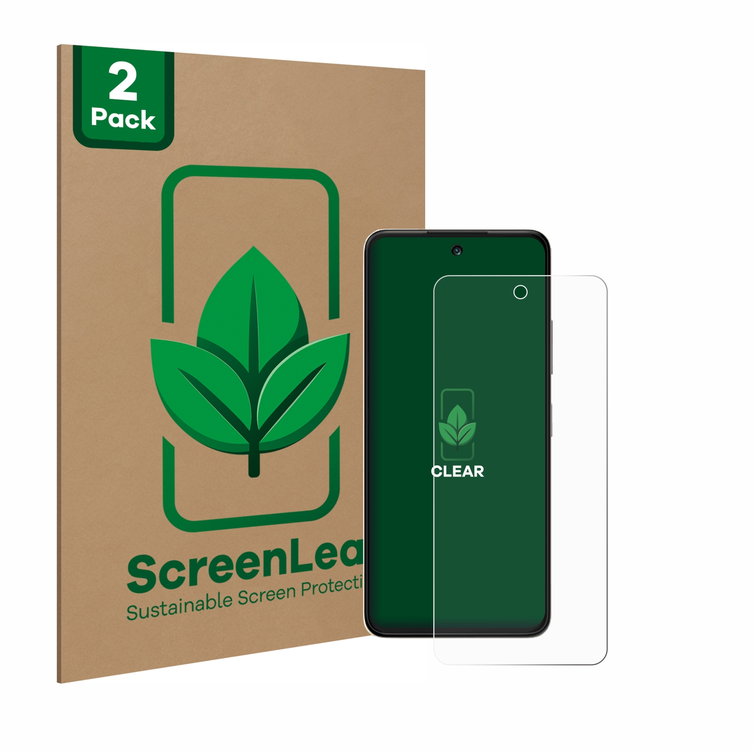 Schwarzes Telefon mit Displayschutz und 2er-Pack-Box. Die Box zeigt ein Blatt-Logo.