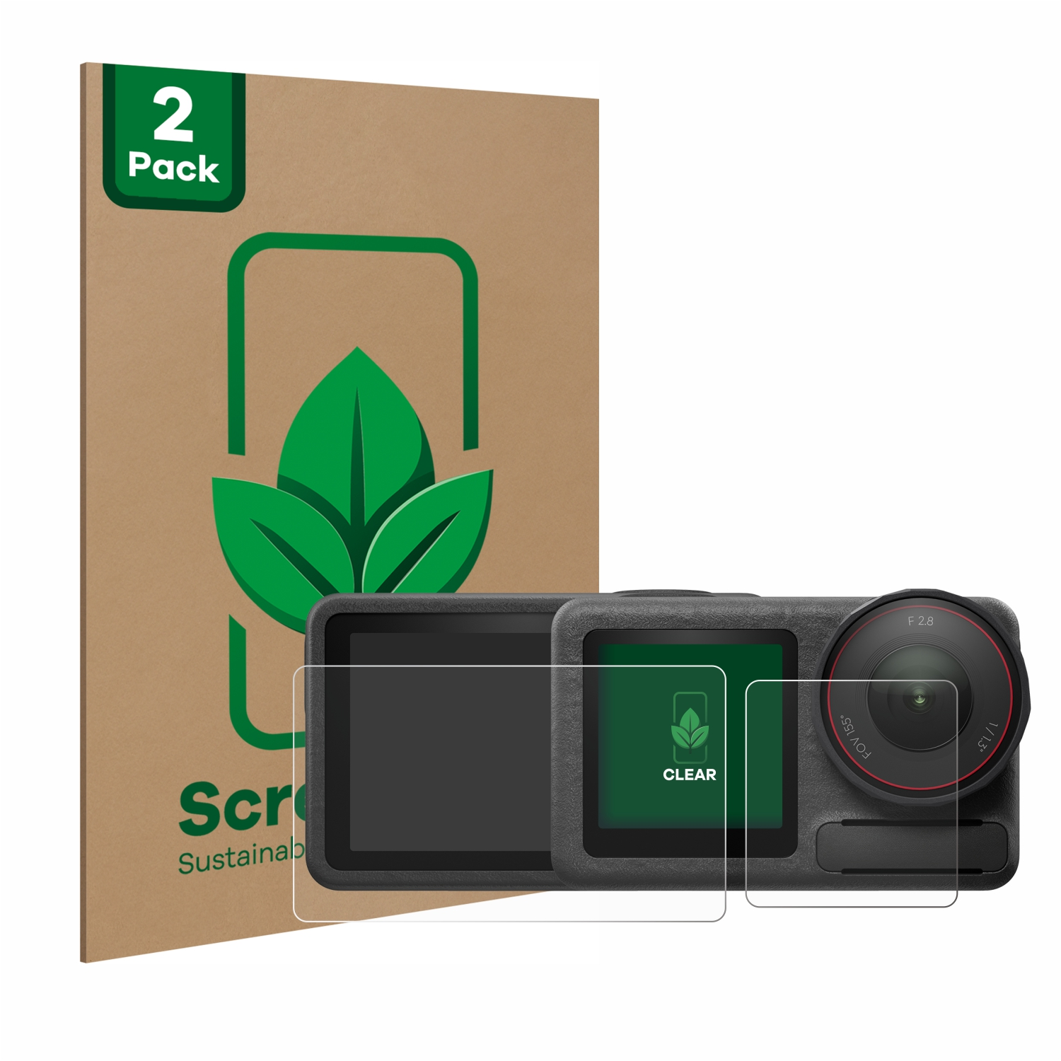 Eine Kamera mit Displayschutzfolien und einer Box. Zwei transparente Schutzfolien sind sichtbar.