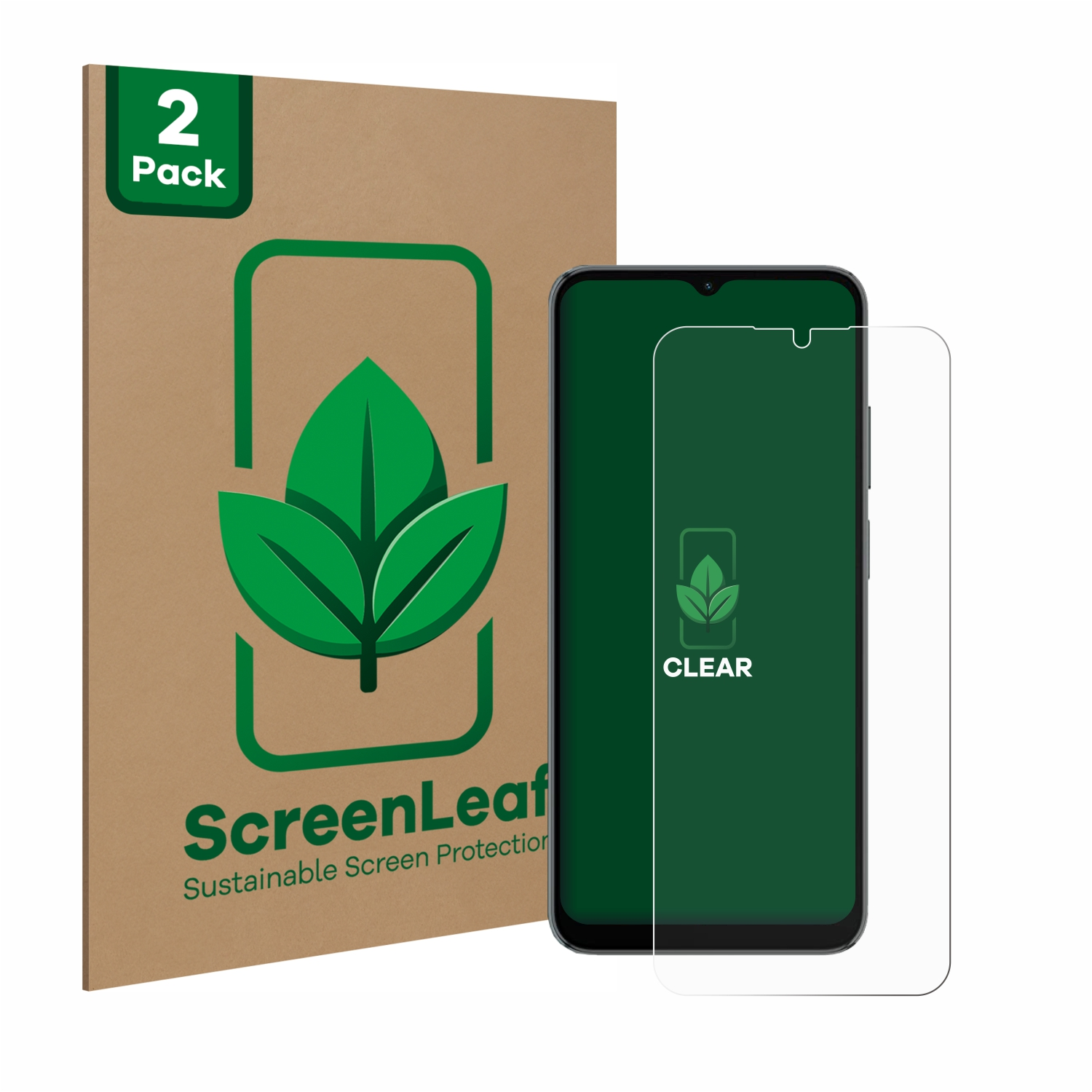 Ein Displayschutz für ein Telefon, ein Telefon und eine ScreenLeaf-Box sind im Bild.
