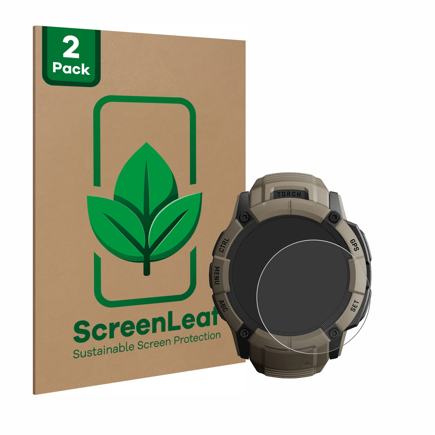 Smartwatch und zwei Displayschutzfolien. Grünes Logo, klarer Schutz. Weißer Hintergrund.