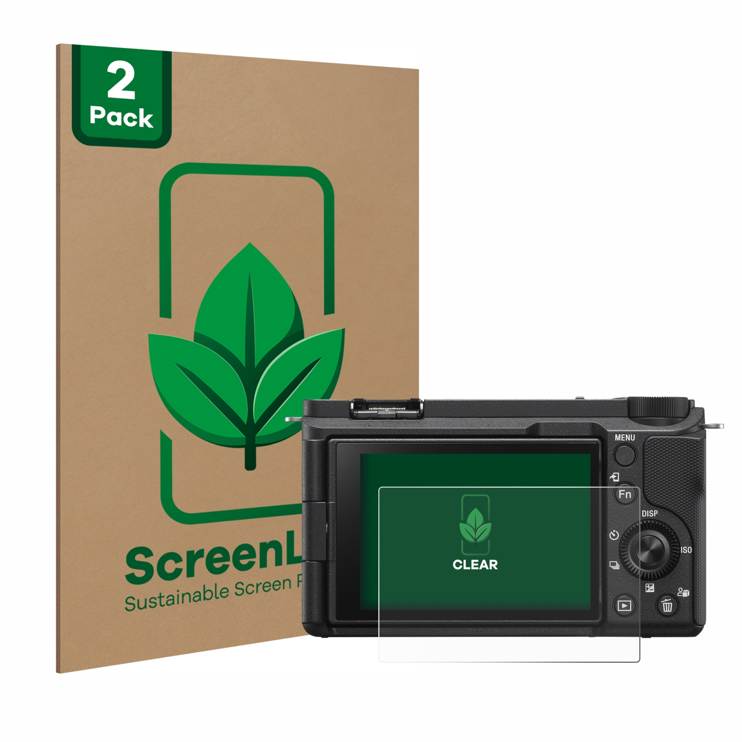 Eine Kamera mit Displayschutz und eine Packung Displayschutzfolien.