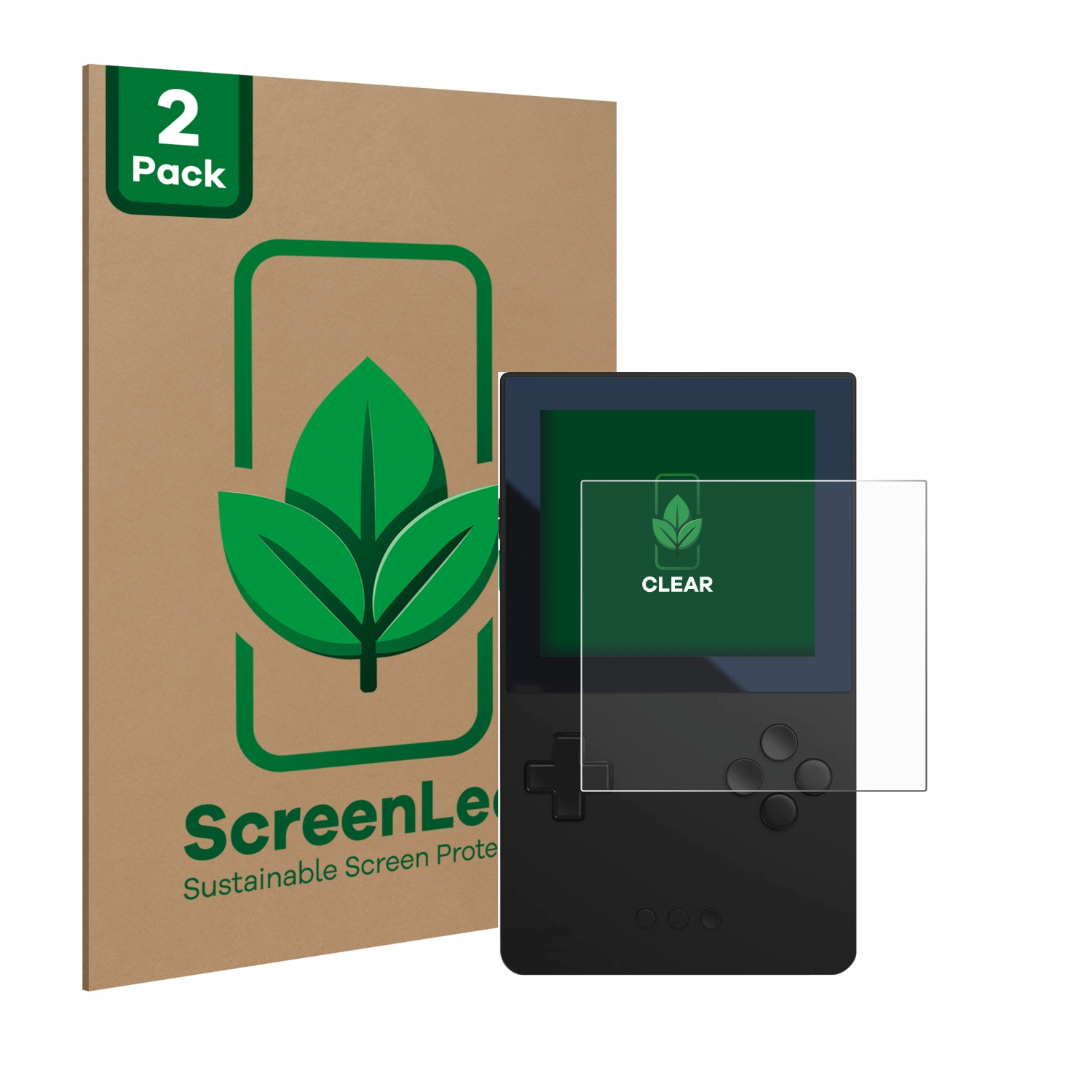 Ein Displayschutzfolienpack mit einer Handheld-Spielkonsole und einem klaren Schutz.