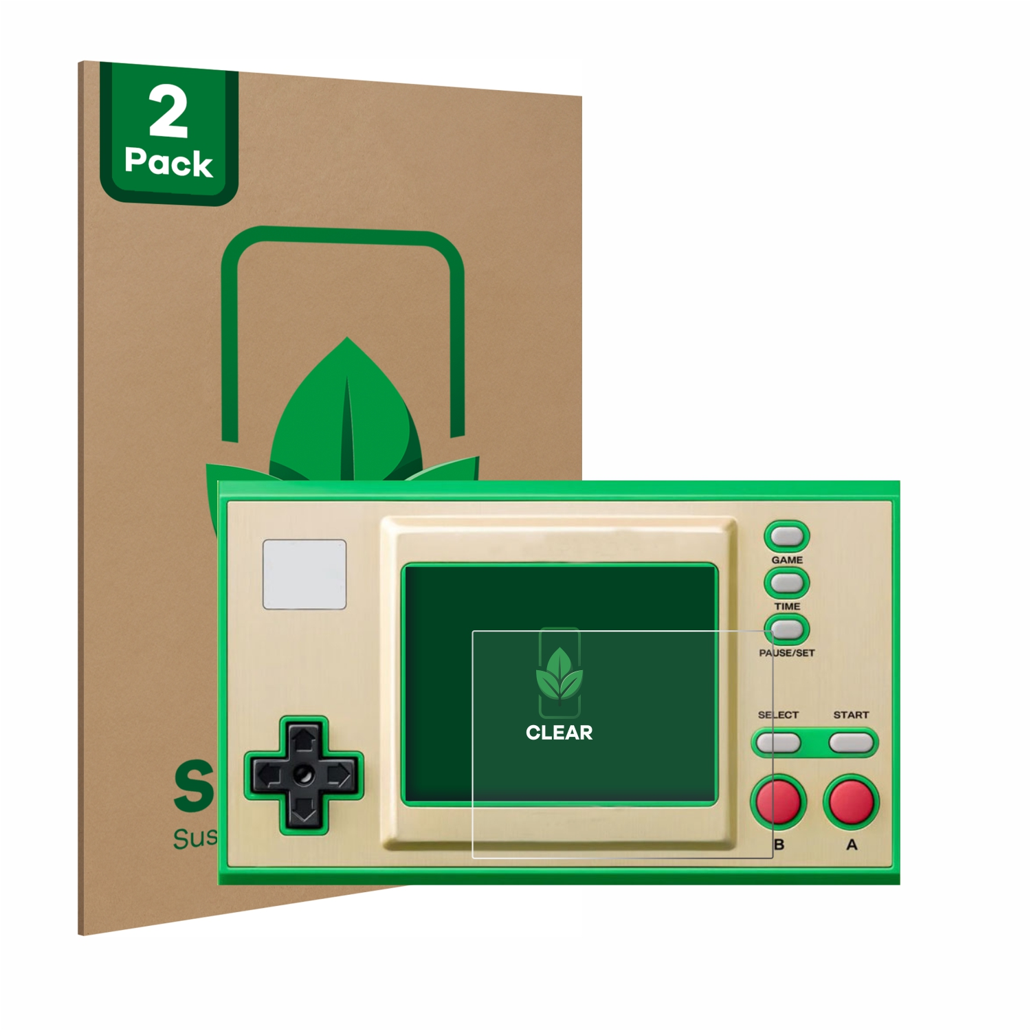 Eine grüne Retro-Handheld-Konsole und eine Displayschutzfolie. Die Box hat ein grünes Blatt-Logo und sagt ScreenLeaf.