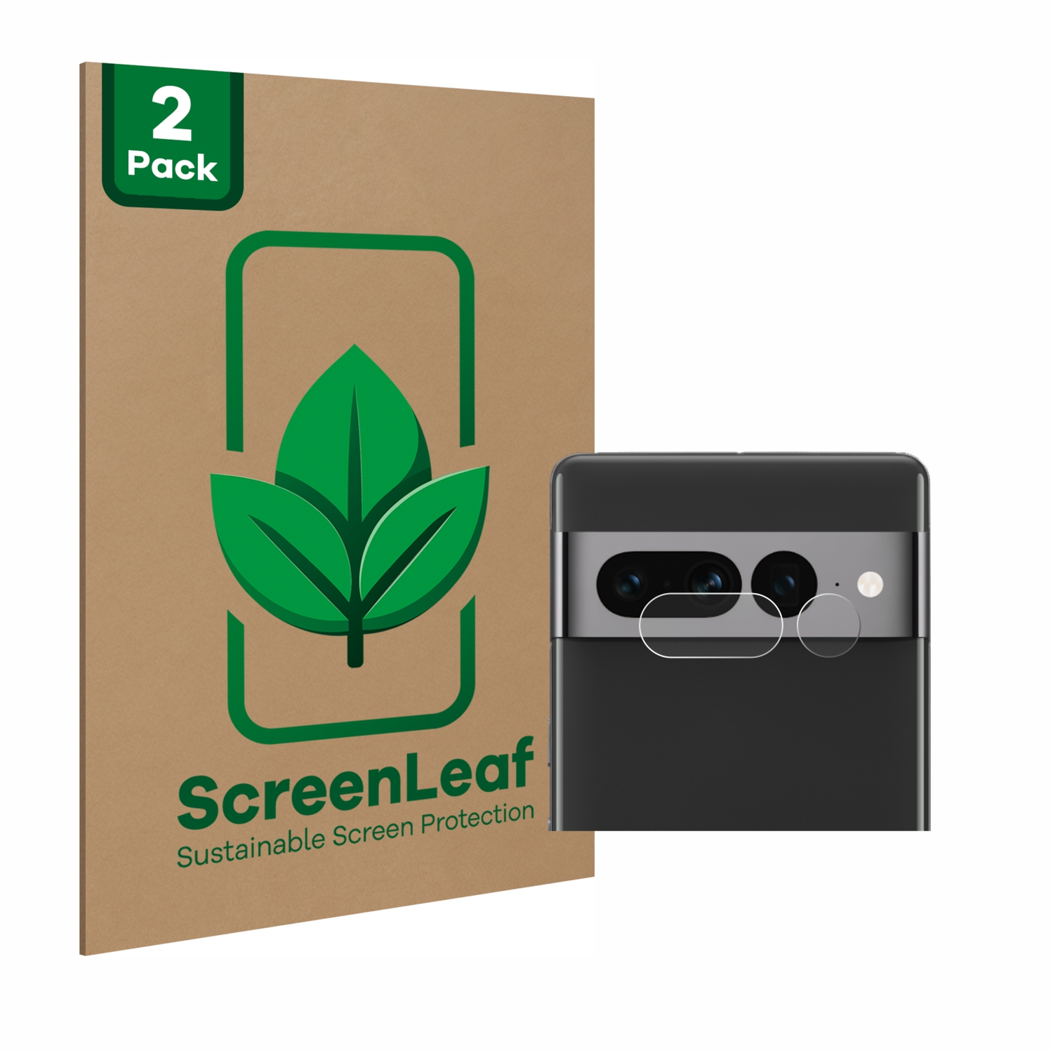 Braune Box und schwarzes Telefon mit Displayschutz. Box hat grünes Logo. Telefon hat grünen Bildschirm.