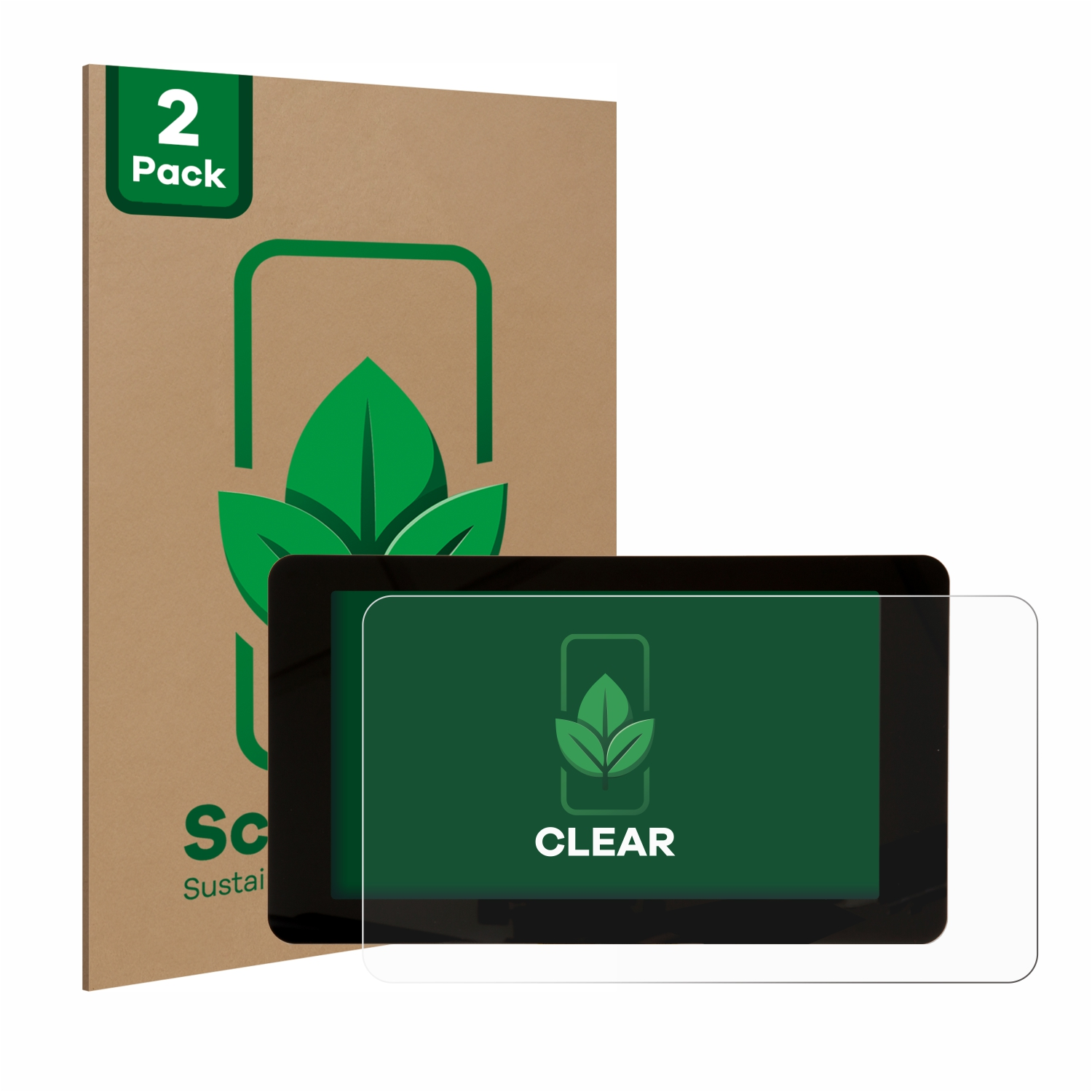 ScreenLeaf Displayschutzfolienpackung mit Tablet und klarer Folie auf weißem Hintergrund.