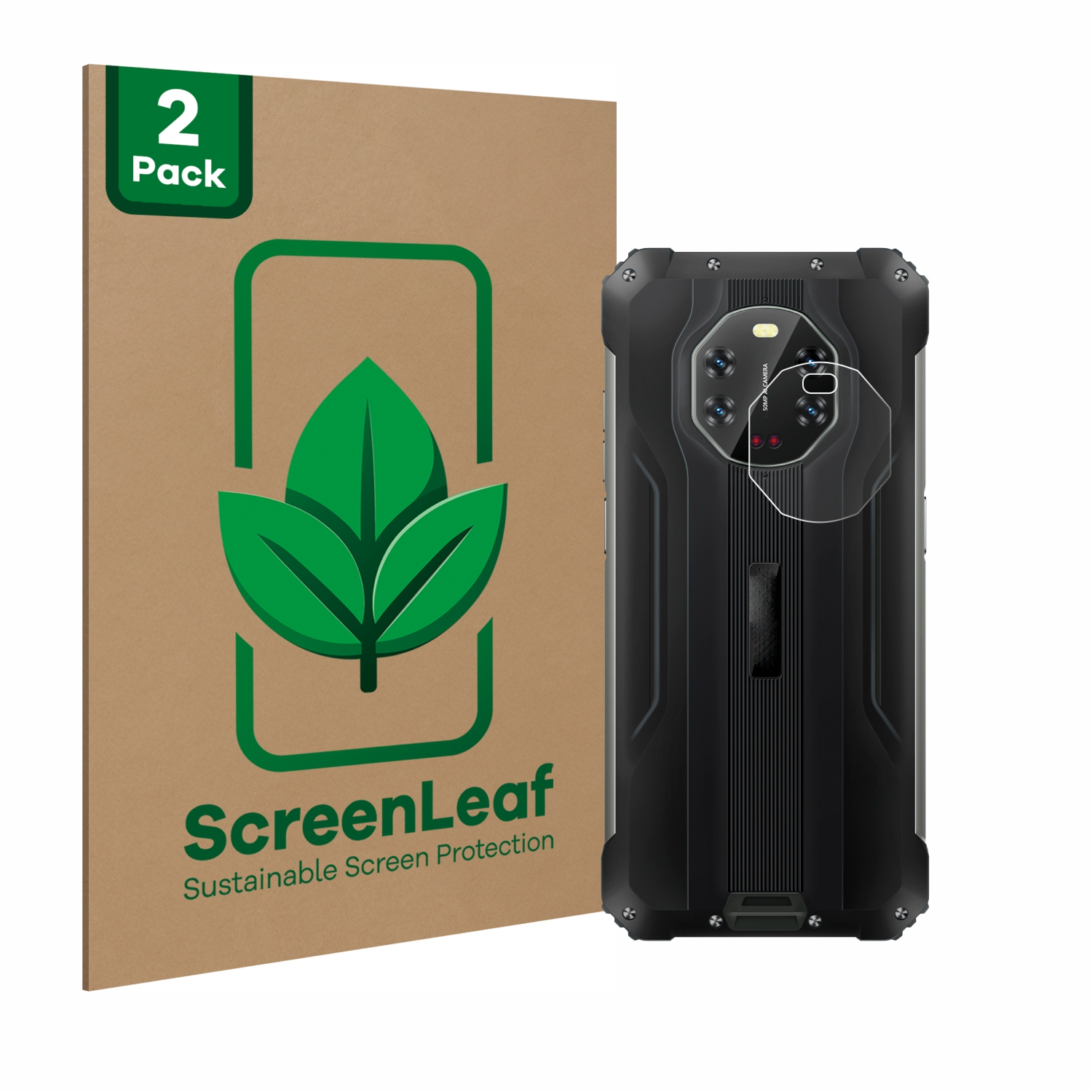 Kartonpackung mit Displayschutz und Telefon. Telefon und Schutz in der Nähe des Kartons.
