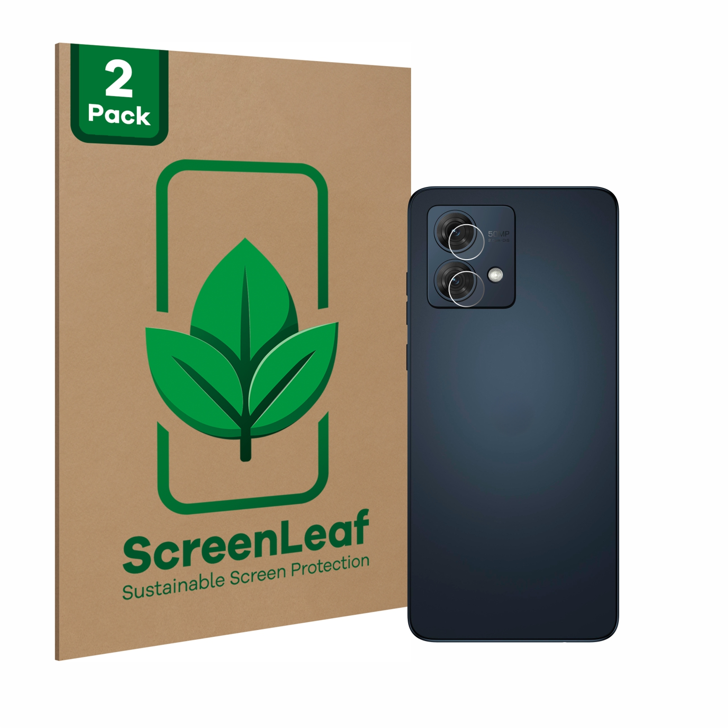 Kartonpackung mit Displayschutz und Telefon. Telefon und Schutz in der Nähe des Kartons.