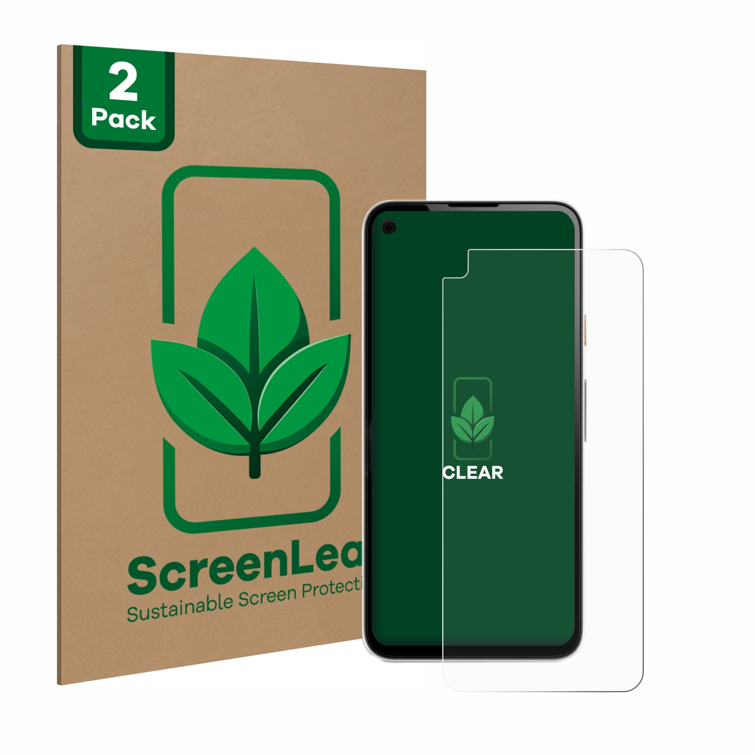 Verpackung für Displayschutzfolien und ein Telefon mit angebrachtem Schutz, mit einem grünen Blattlogo.