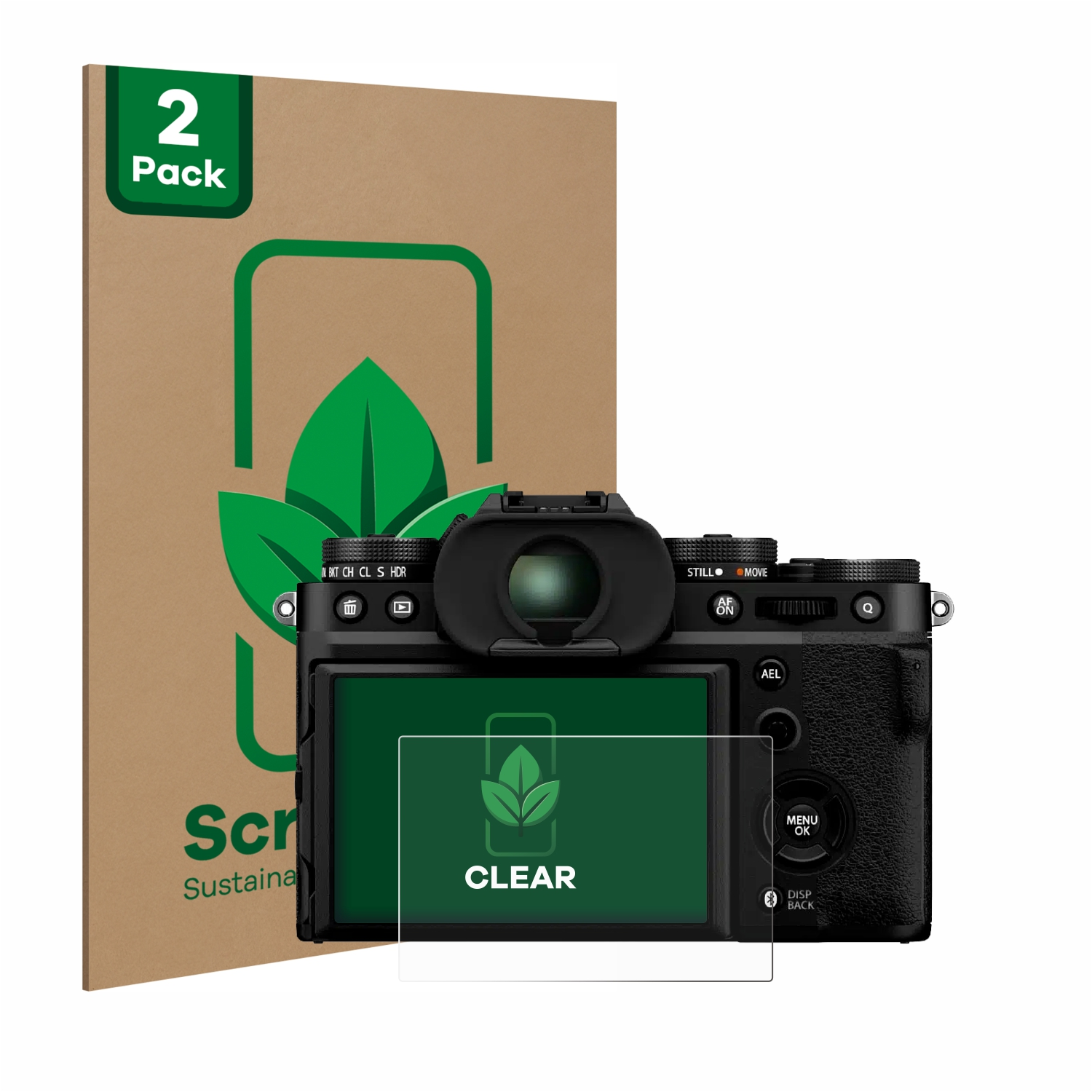 Kamera mit Displayschutzfolienpaket. Braune Box mit grünem Blätterlogo und „2er-Pack“-Etikett.