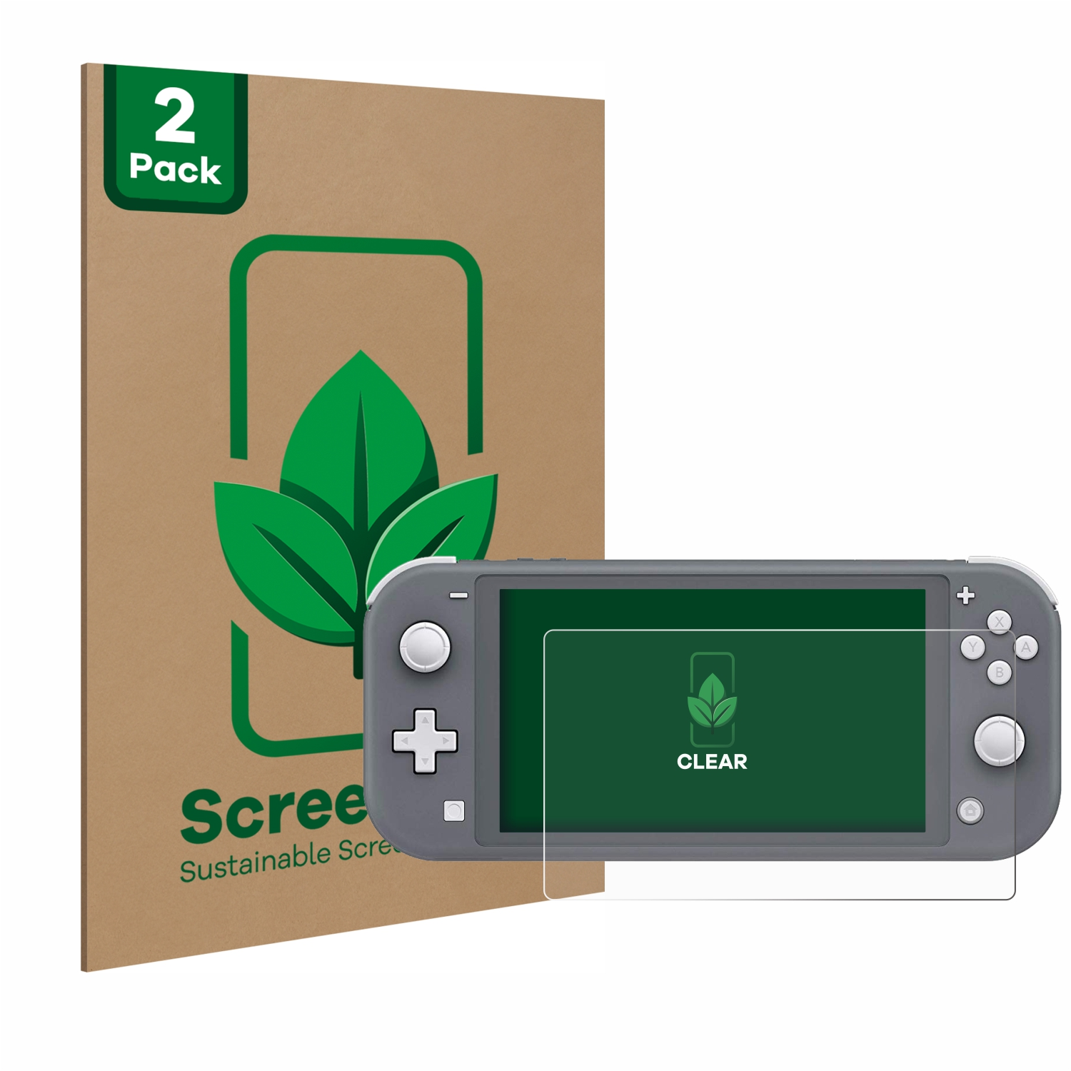 Graue Nintendo Switch Lite mit Displayschutzfolie und '2er-Pack'-Verpackung mit Blatt.