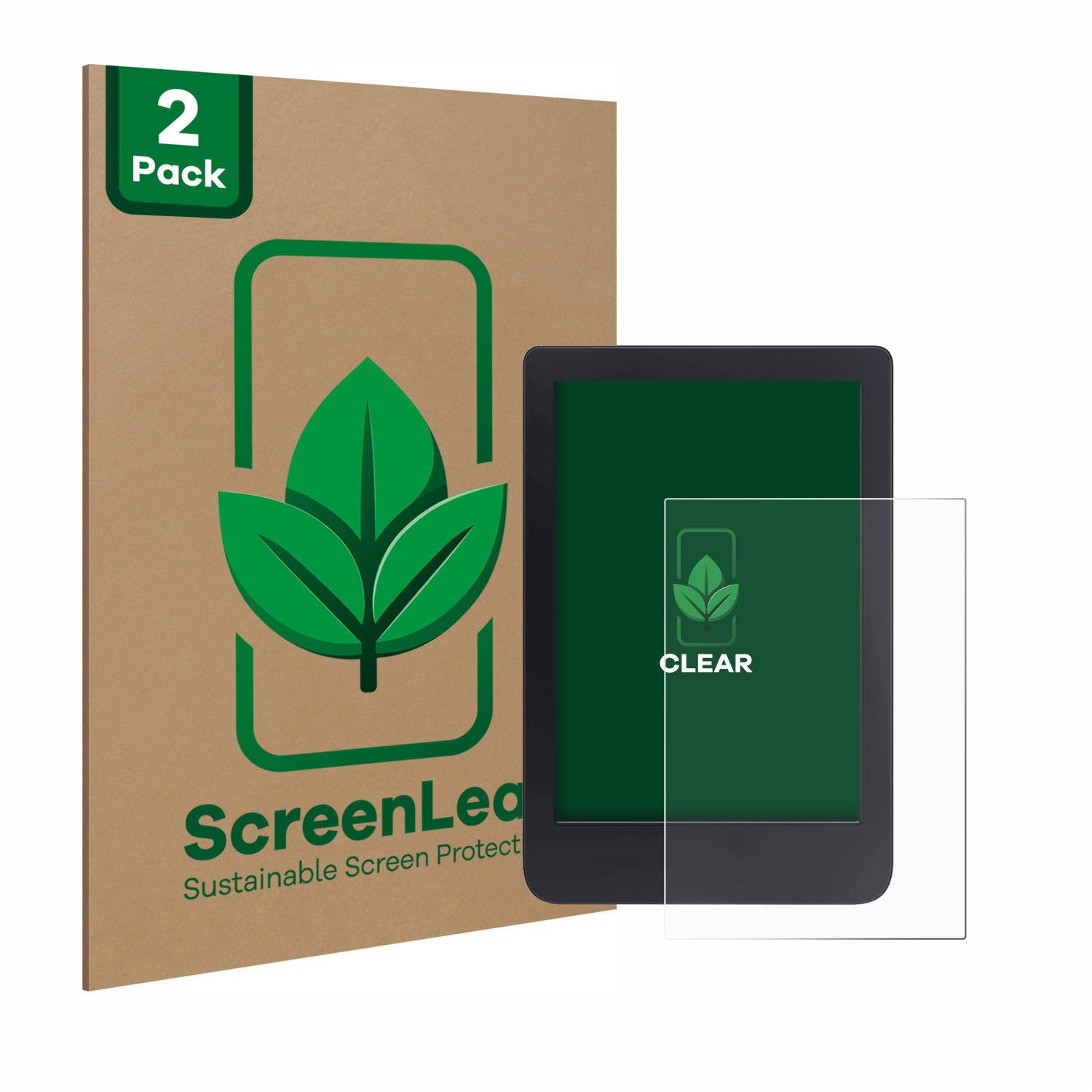 E-Reader mit Displayschutzfolienverpackung. Ein klarer Schutz ist am Gerät angebracht.