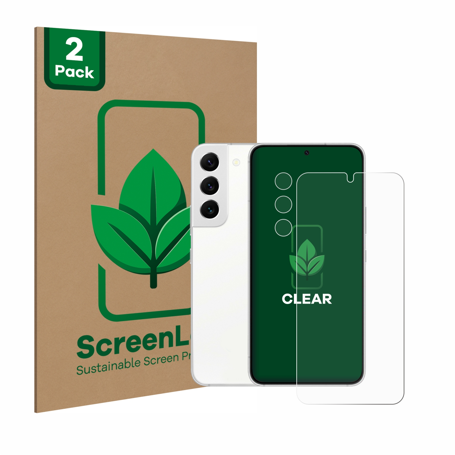 Displayschutzfolie mit Telefon. 2er-Pack Displayschutzfolien und Telefon auf Grün.