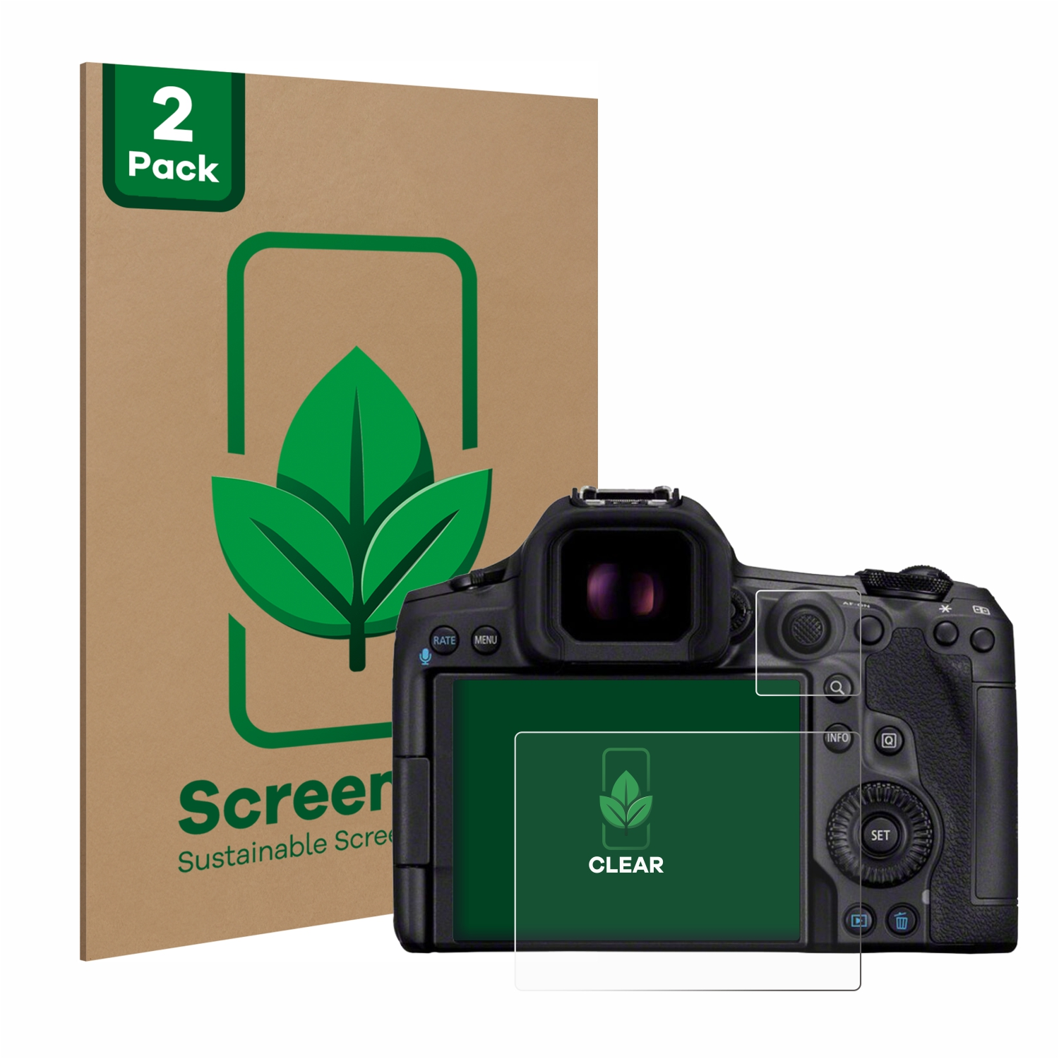 Kamera und Displayschutz. Verpackung sagt 'ScreenLeaf'. Klare Schutzfolie auf Kamera-Display.