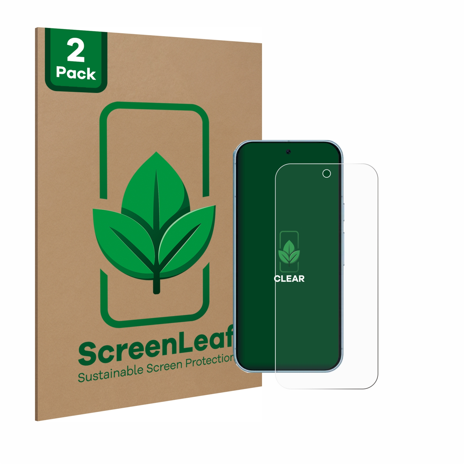 Kartonpackung mit Displayschutz und Telefon. Telefon und Schutz in der Nähe des Kartons.