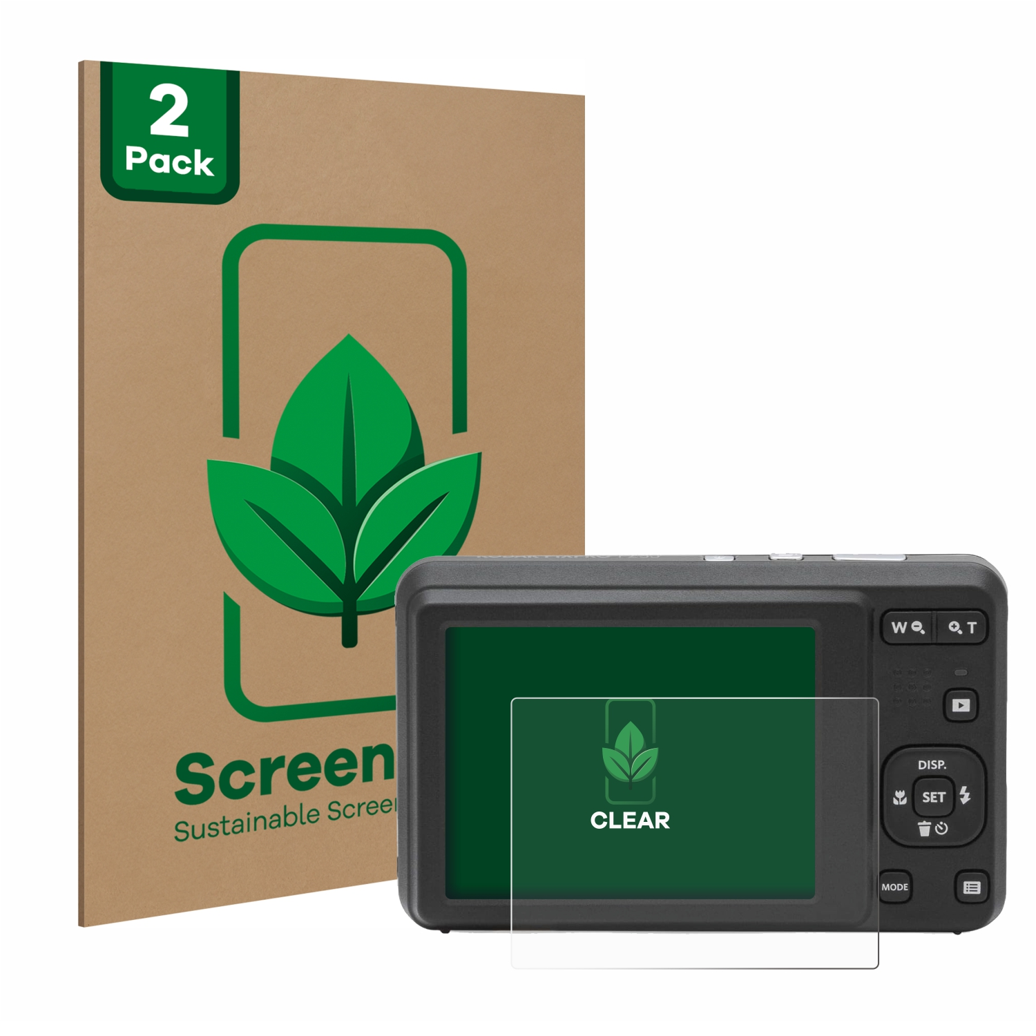 Eine Digitalkamera mit Displayschutz. Dahinter eine braune ScreenLeaf-Box. Der Schutz sagt CLEAR.