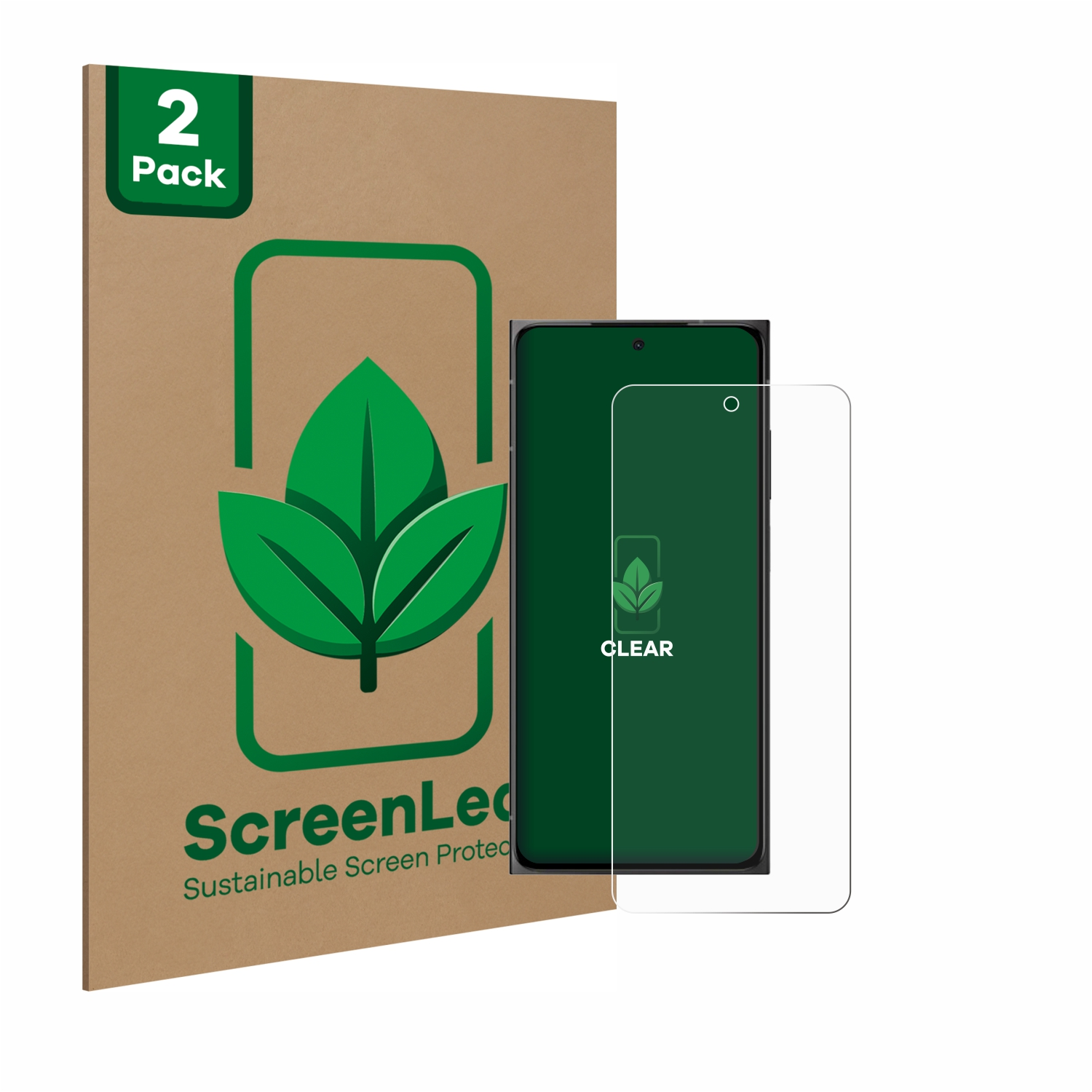 Smartphone und Displayschutz. Brauner Karton mit grünem Blattlogo und klarem Bildschirm.
