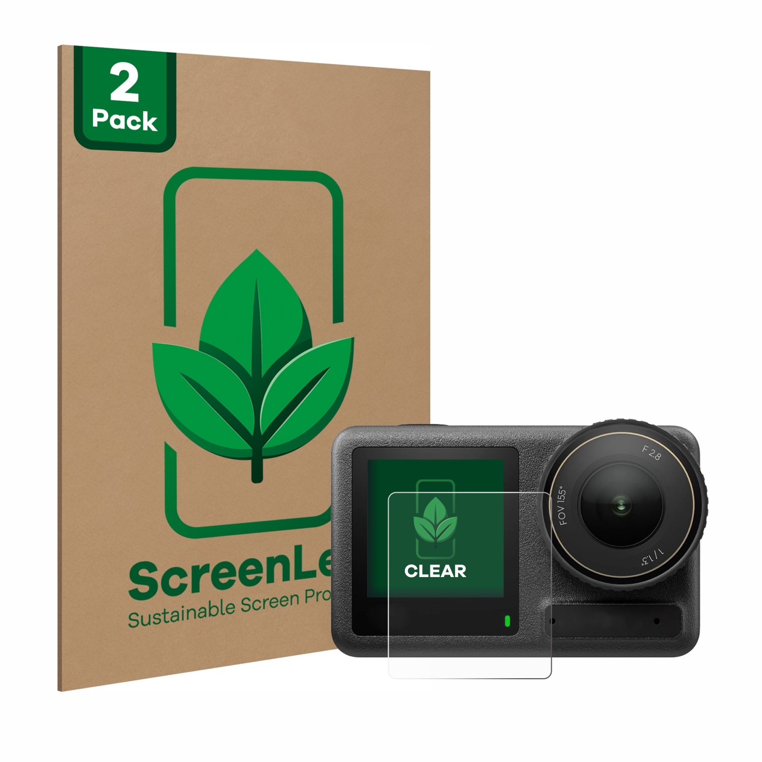 Schwarze Action-Kamera mit Displayschutzfolie und '2er-Pack'-Verpackung mit Blatt.