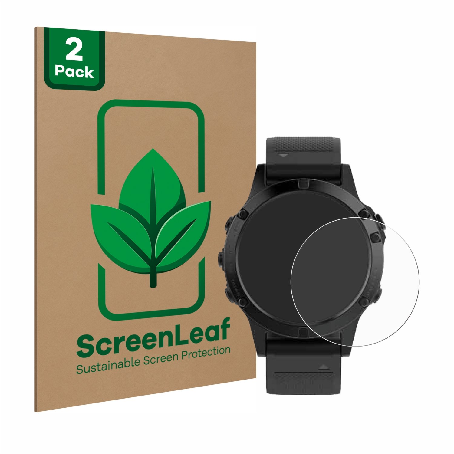Displayschutzfolie für eine Smartwatch. Ein 2er-Pack ist mit der Produktbox abgebildet.