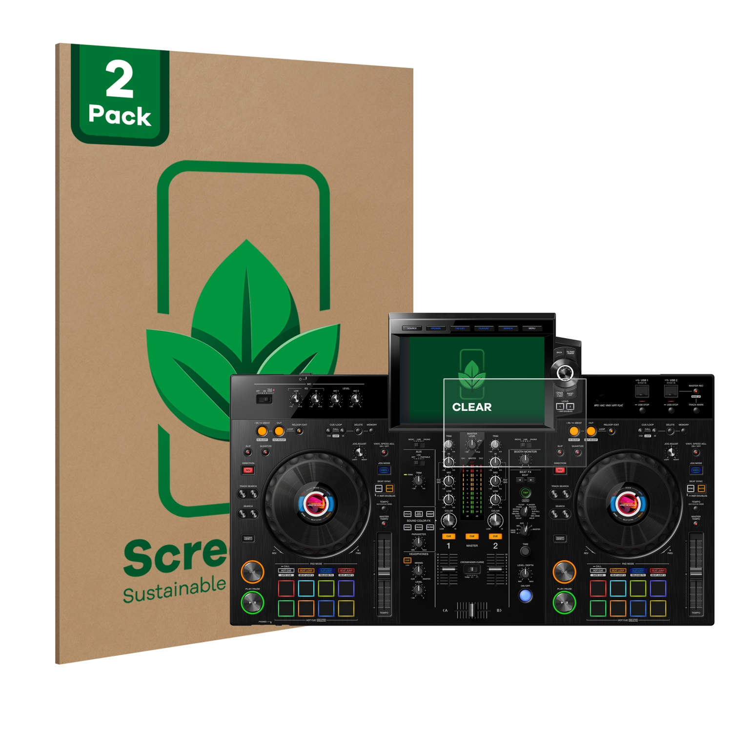 DJ-Equipment mit Displayschutzfolienpaket. Braune Box mit grünem Blätterlogo und „2er-Pack“-Etikett.