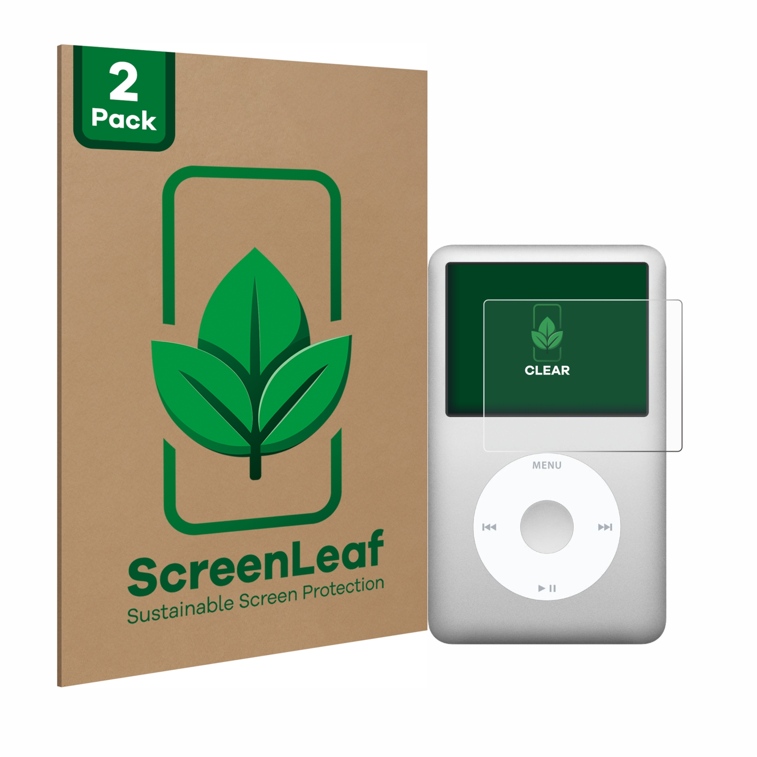 iPod mit klarer Displayschutzfolie neben einer ScreenLeaf 2er-Pack Displayschutzfolienbox.
