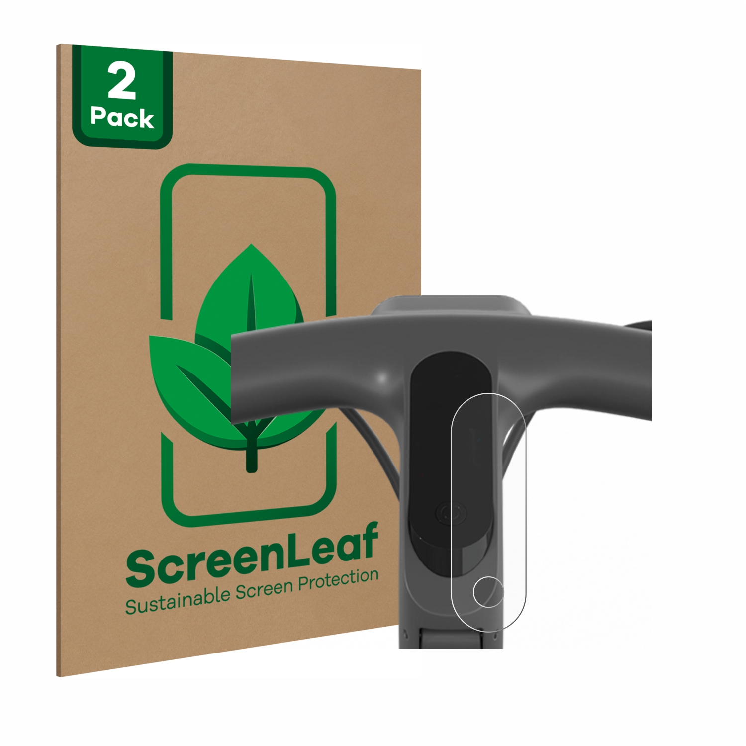 Displayschutzfolien-Set für Roller. Karton mit ScreenLeaf-Logo und Blatt, mit Schutz auf Roller.