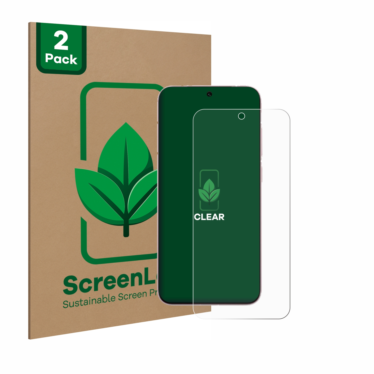 Smartphone mit Displayschutzfolie und brauner '2er-Pack'-Karte.