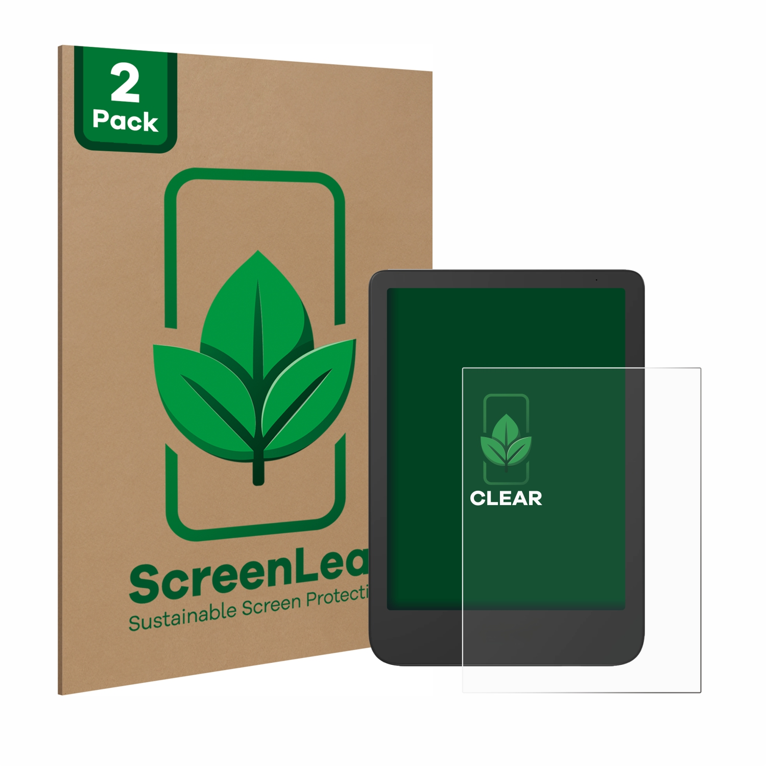 Ein Tablet mit klarer Displayschutzfolie neben einer ScreenLeaf-Box.