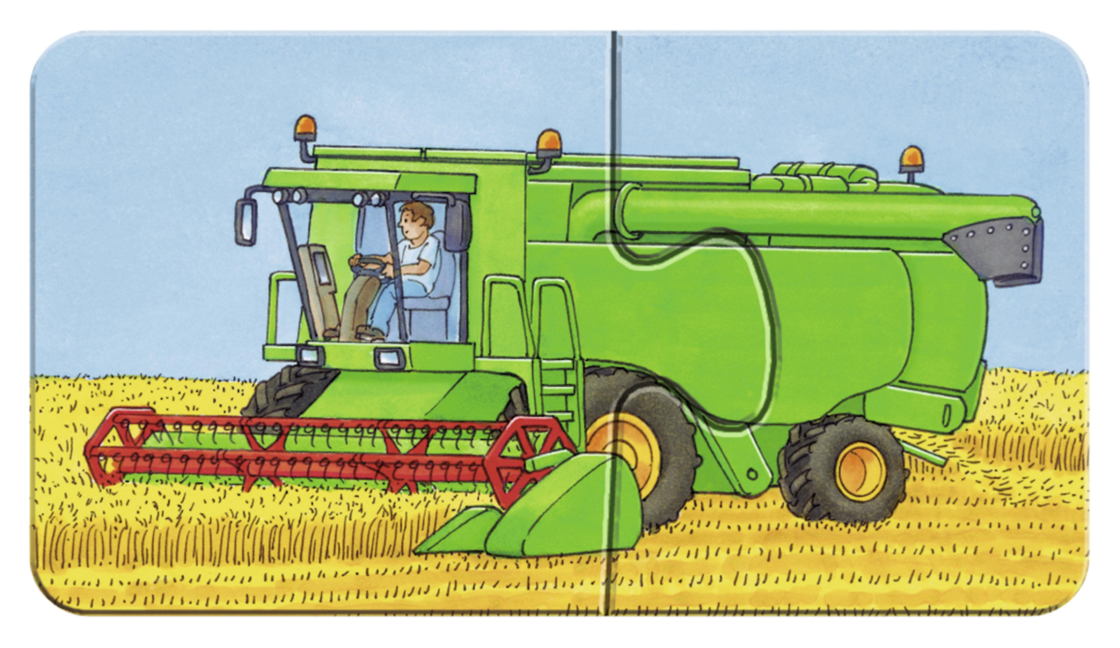 Puzzle z zielonym kombajnem, rolnikiem prowadzącym na polu. Tło błękitnego nieba.