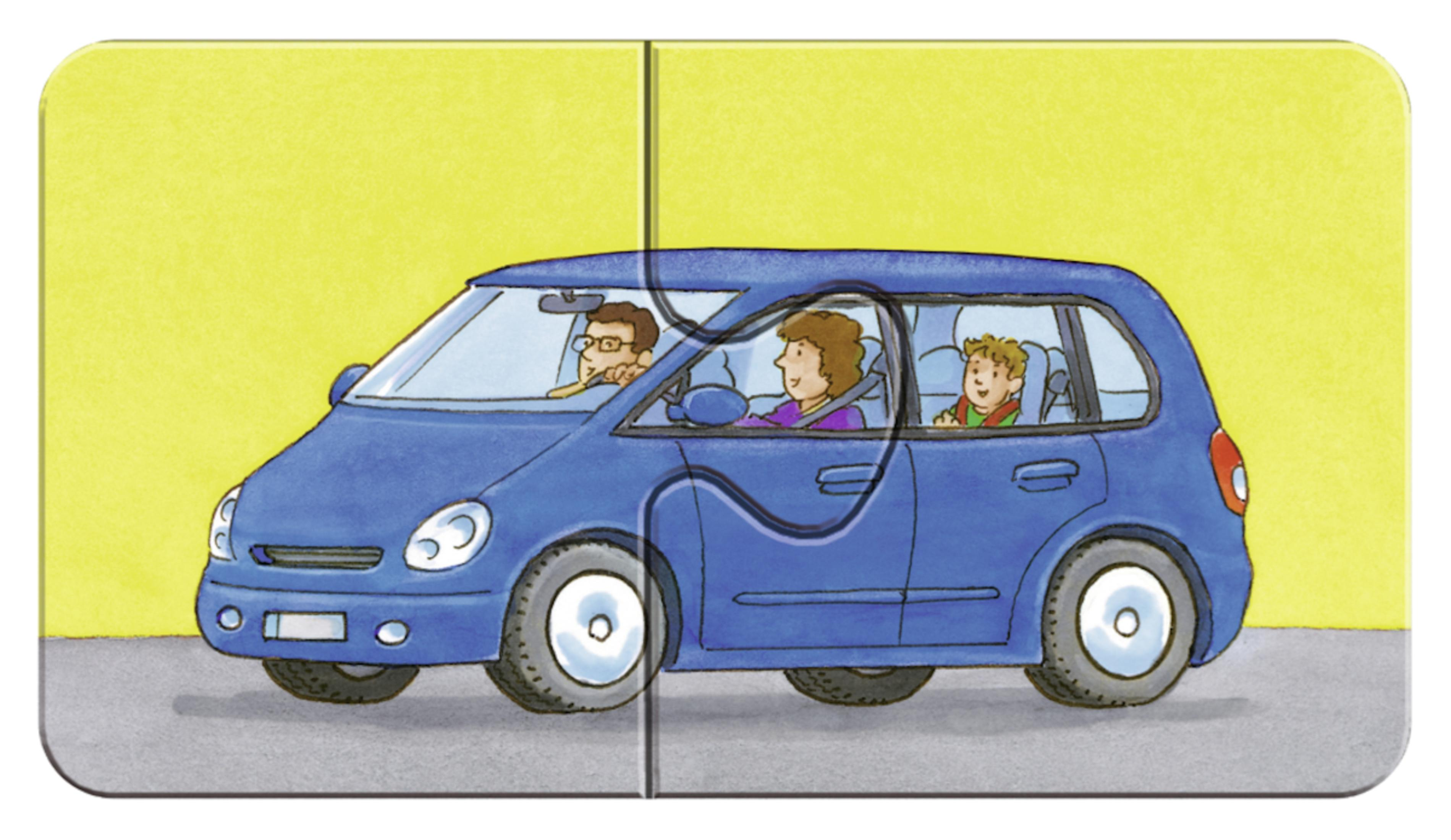 Puzzle z niebieskim samochodem z rodziną na żółtym tle.