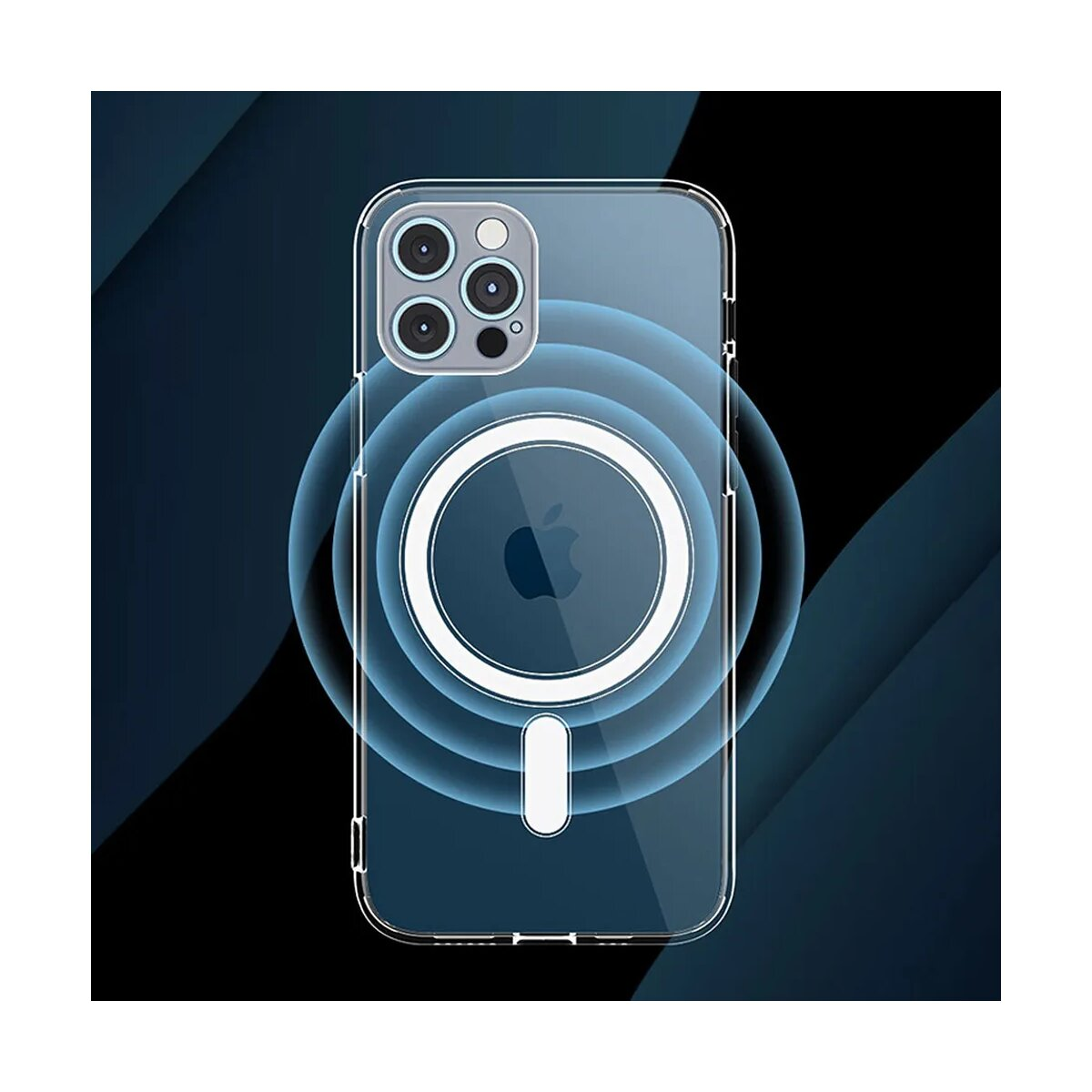 Smartphone in una custodia trasparente con un design circolare sul retro. Il logo Apple è visibile.