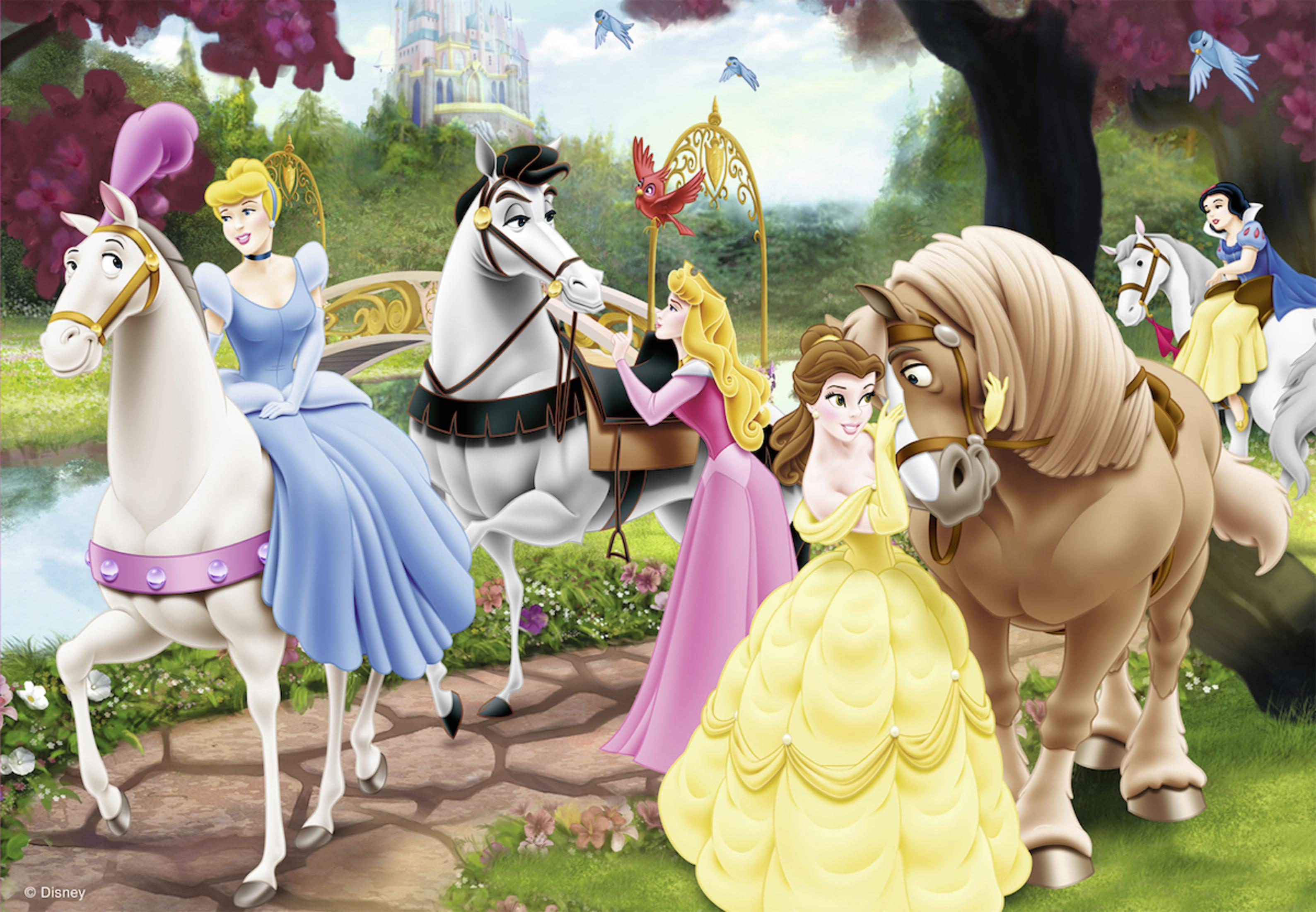 Disney-Prinzessinnen-Bild mit Aschenputtel, Belle, Aurora, Schneewittchen und Pferden.