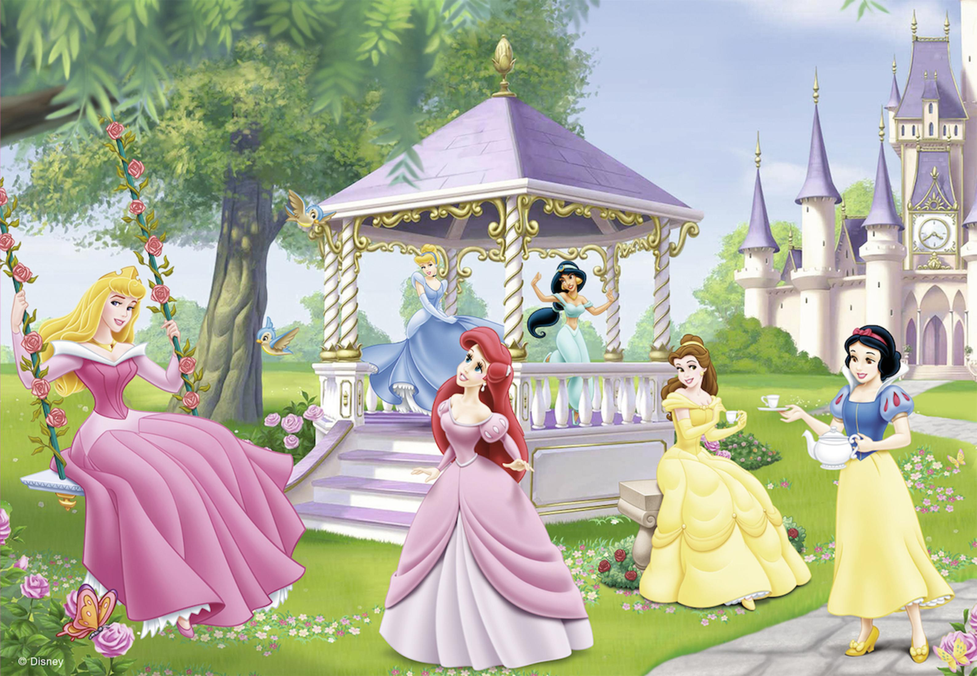 Disney-Prinzessinnen an einem Pavillon. Aurora auf einer Schaukel, Ariel, Jasmin, Belle, Schneewittchen und ein Schloss.