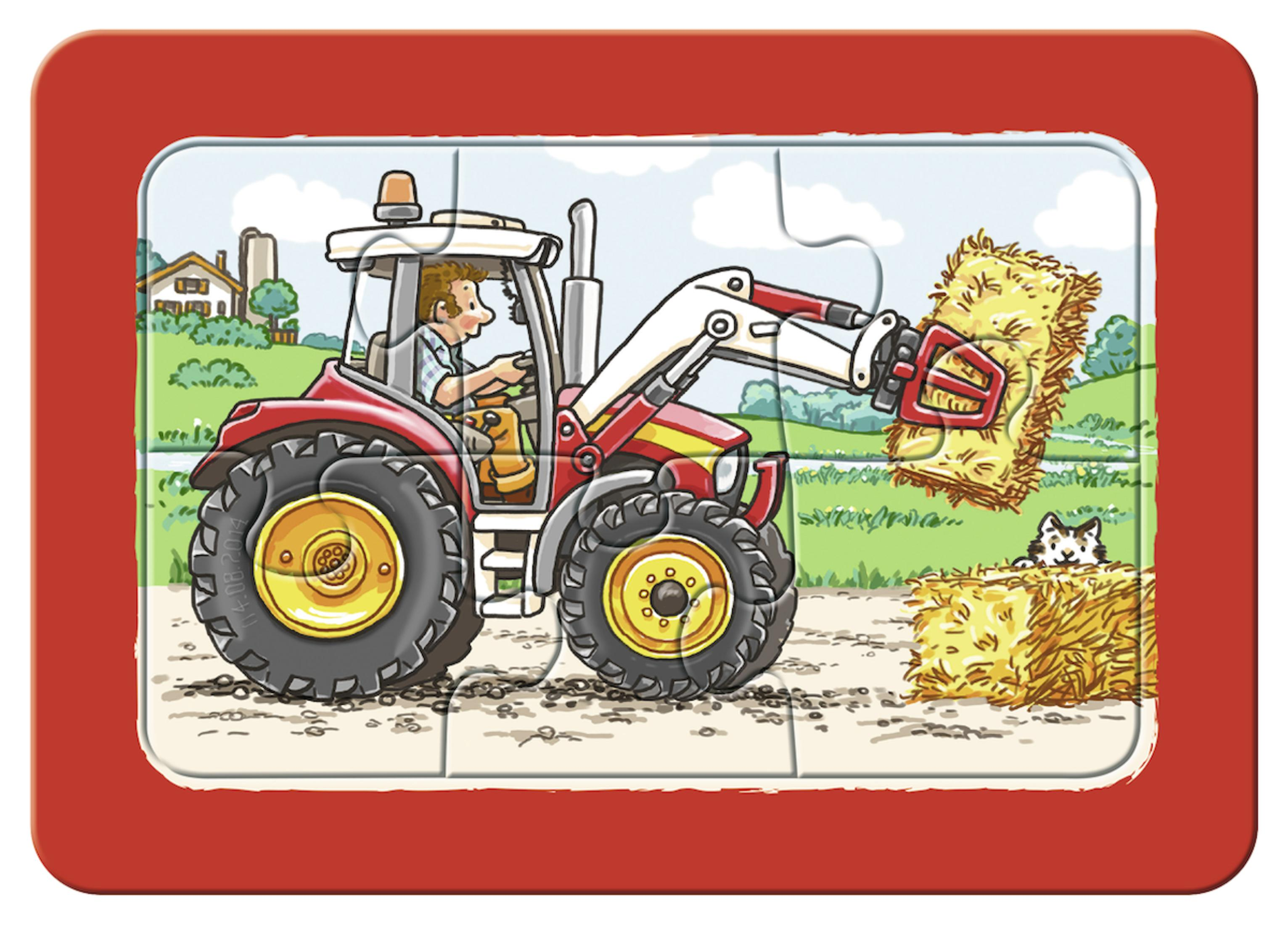 Puzzle z ciągnikiem ładującym bele siana. Mężczyzna prowadzi ciągnik. W tle jest farma.