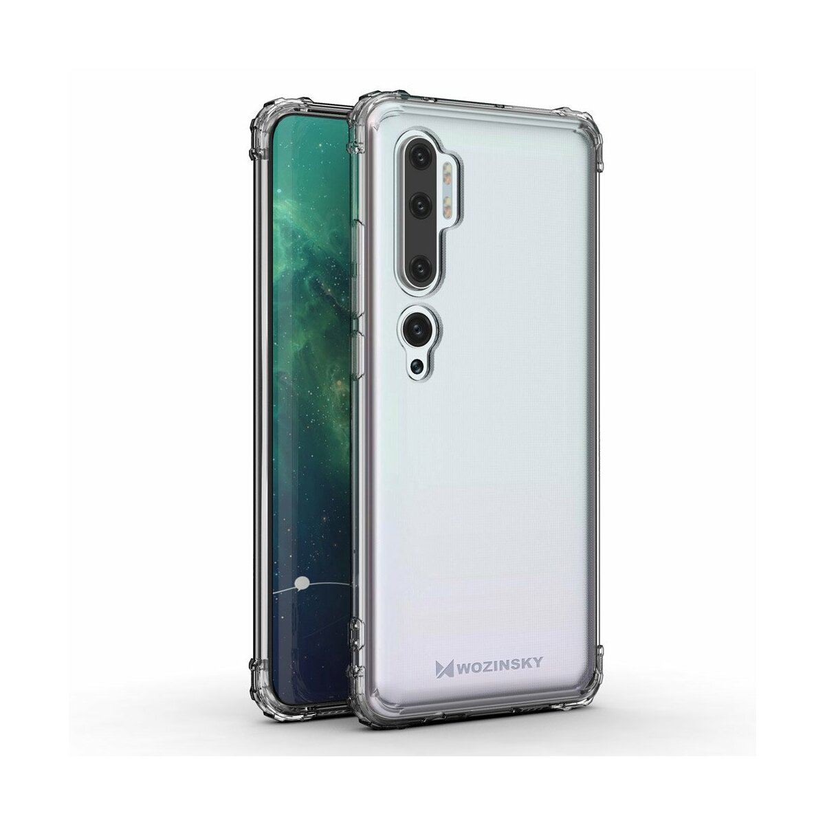 Custodia trasparente per telefono. Il telefono è parzialmente visibile, la custodia è trasparente.