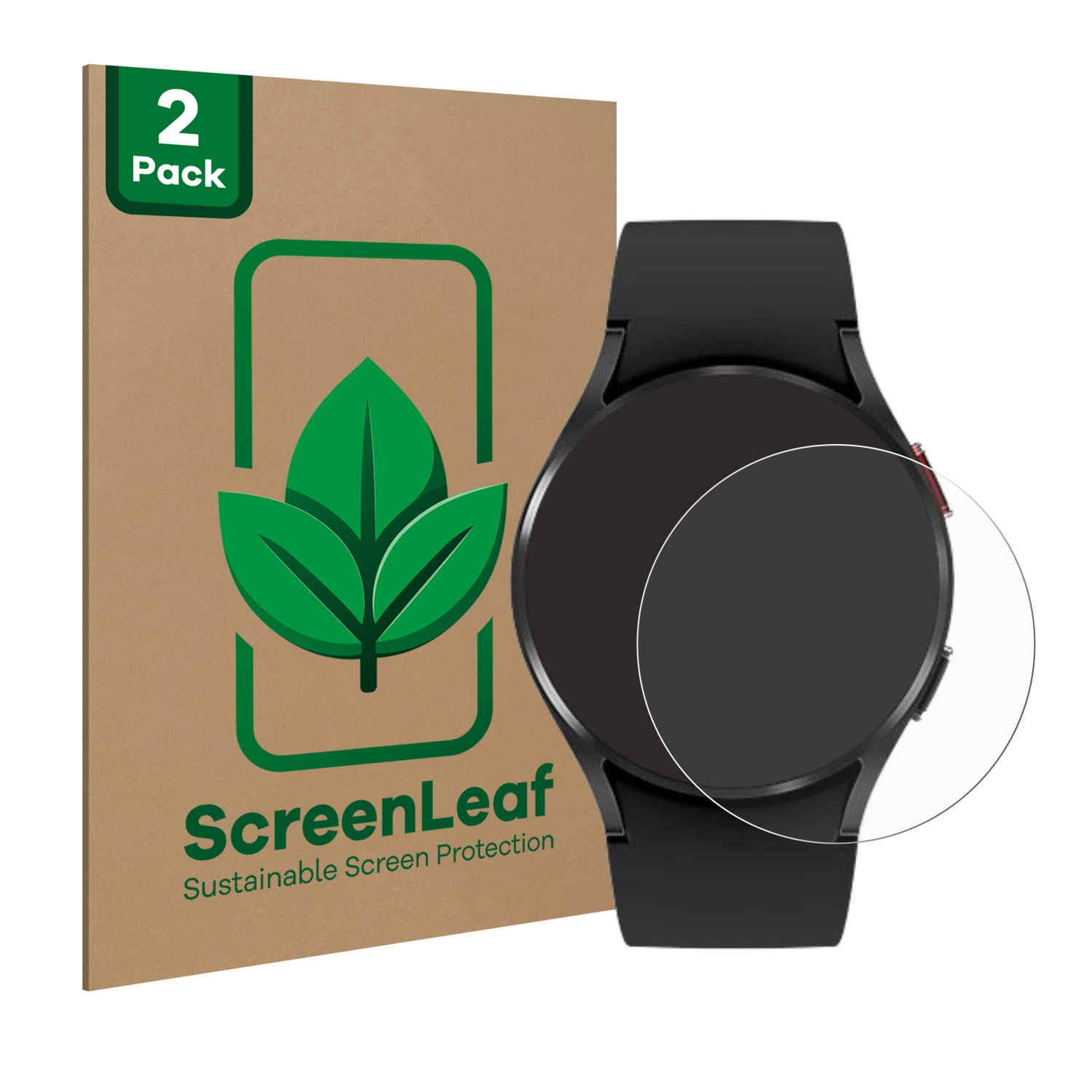Displayschutzfolienset mit Smartwatch und Verpackung. Die Uhr zeigt "CLEAR" auf dem Bildschirm.