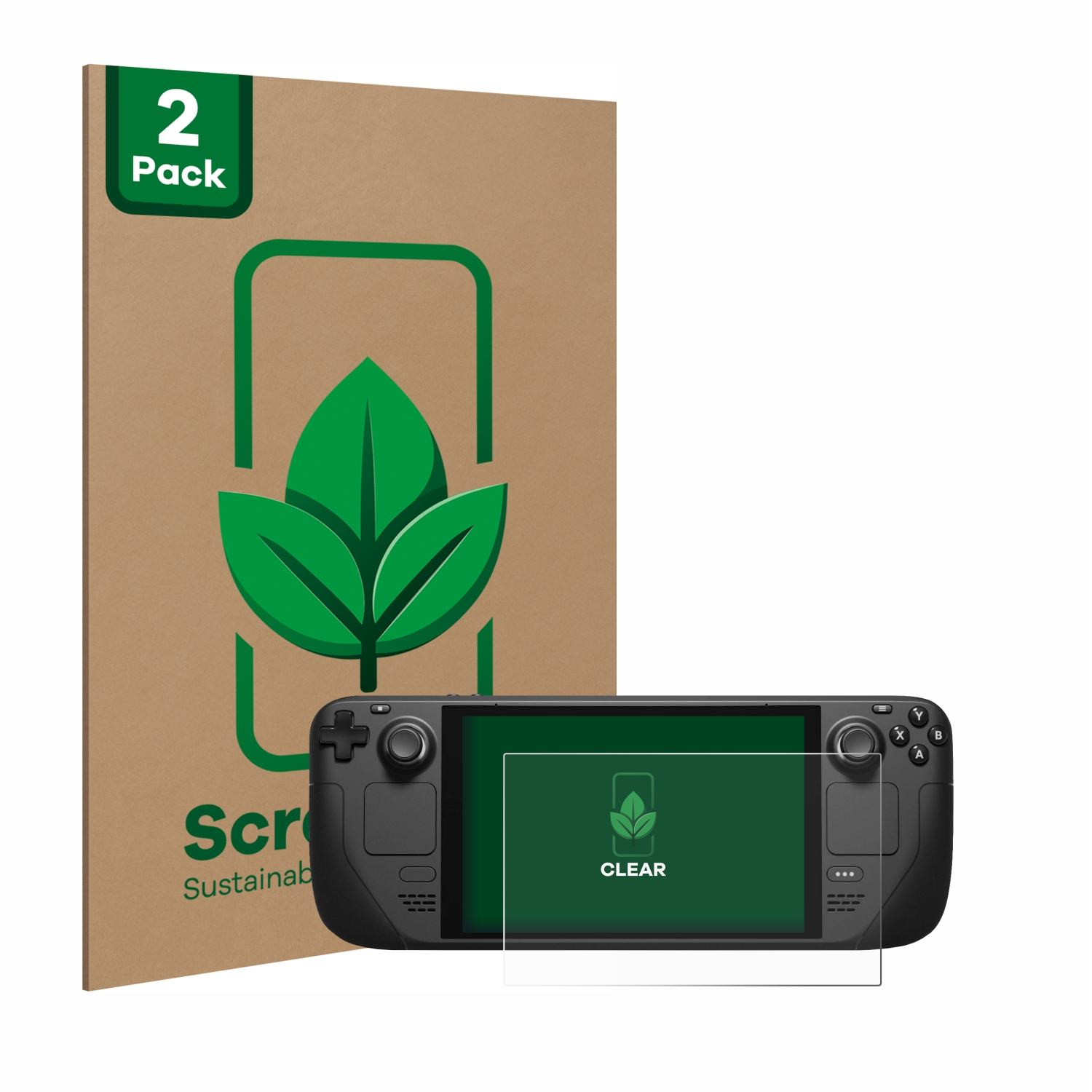 Gaming-Gerät und Displayschutzfolien-Packung. Braune Schachtel mit grünem Blattlogo. Gaming-Gerät mit Schutz.