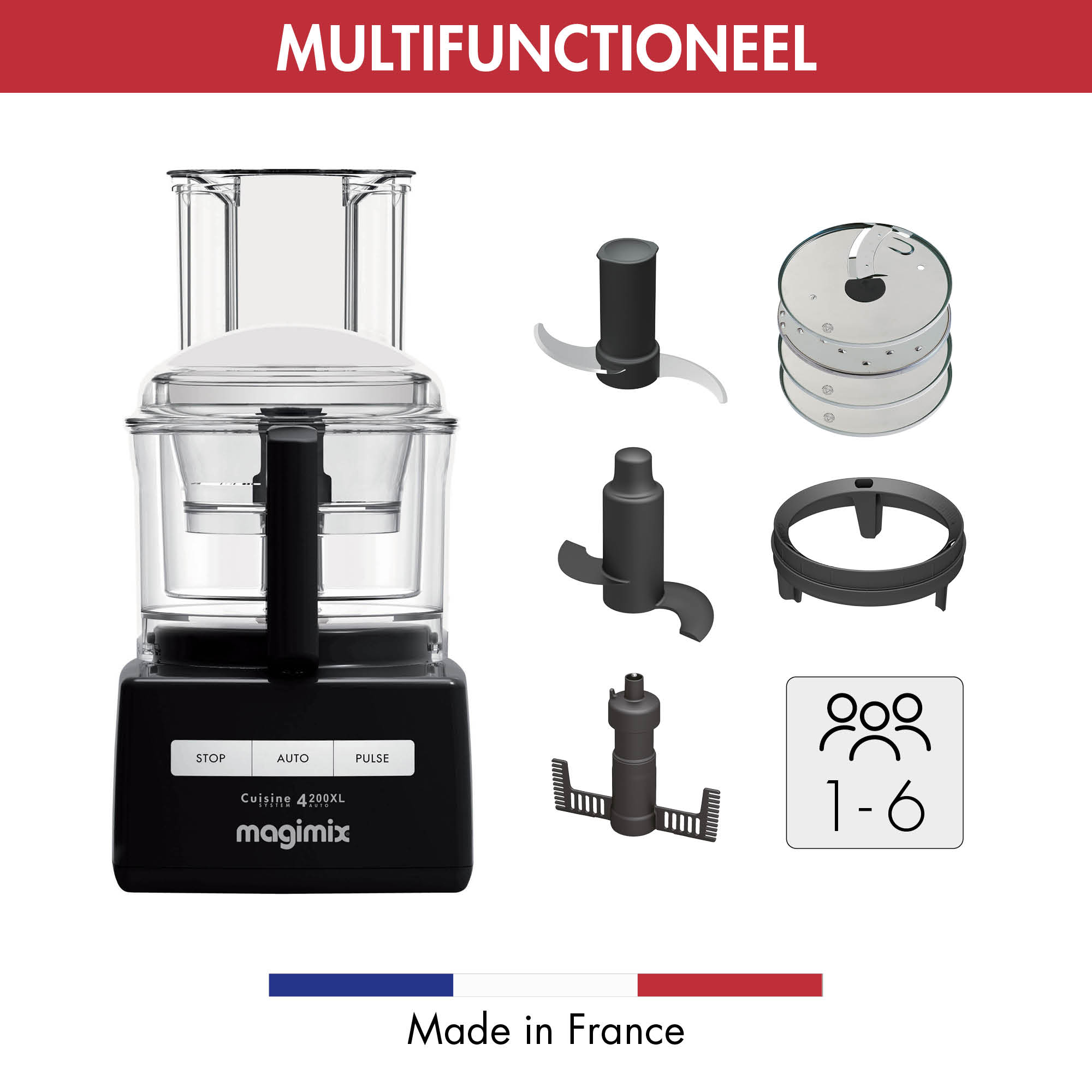 Black food processor with accessories.  Stop, Auto, Pulse buttons.  Made in France.