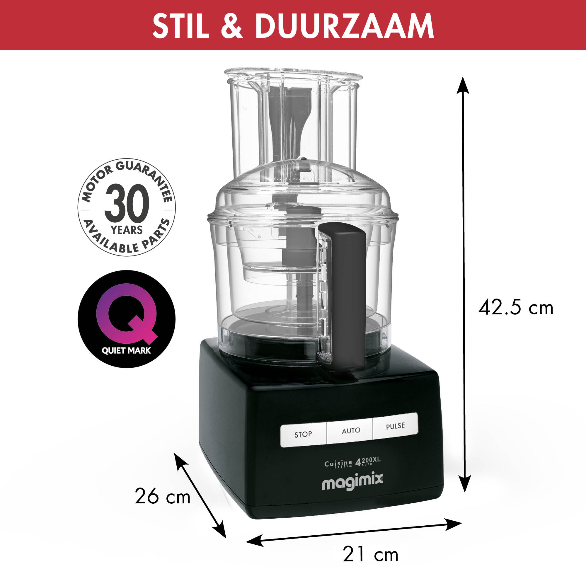 Black food processor with dimensions. It has a black base and transparent parts.