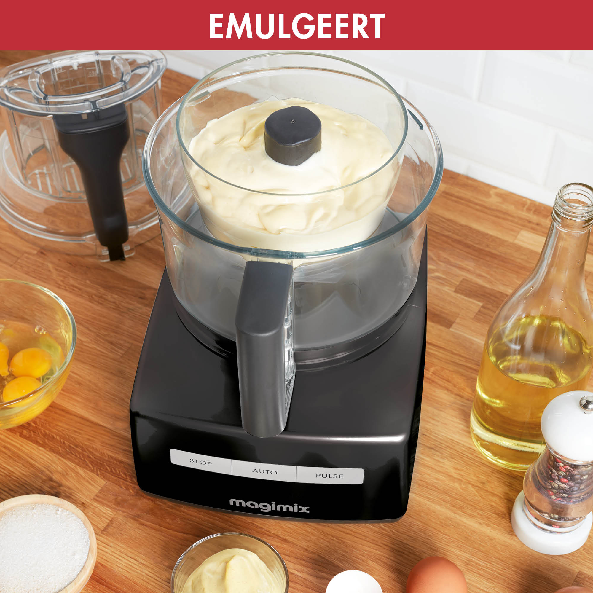 Food processor with ingredients, text: emulsified.