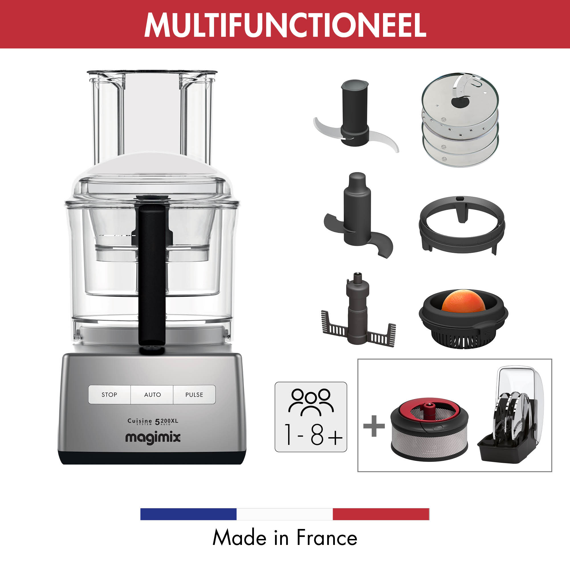 Food processor with attachments, text: multifunctional, 1-8+ people.