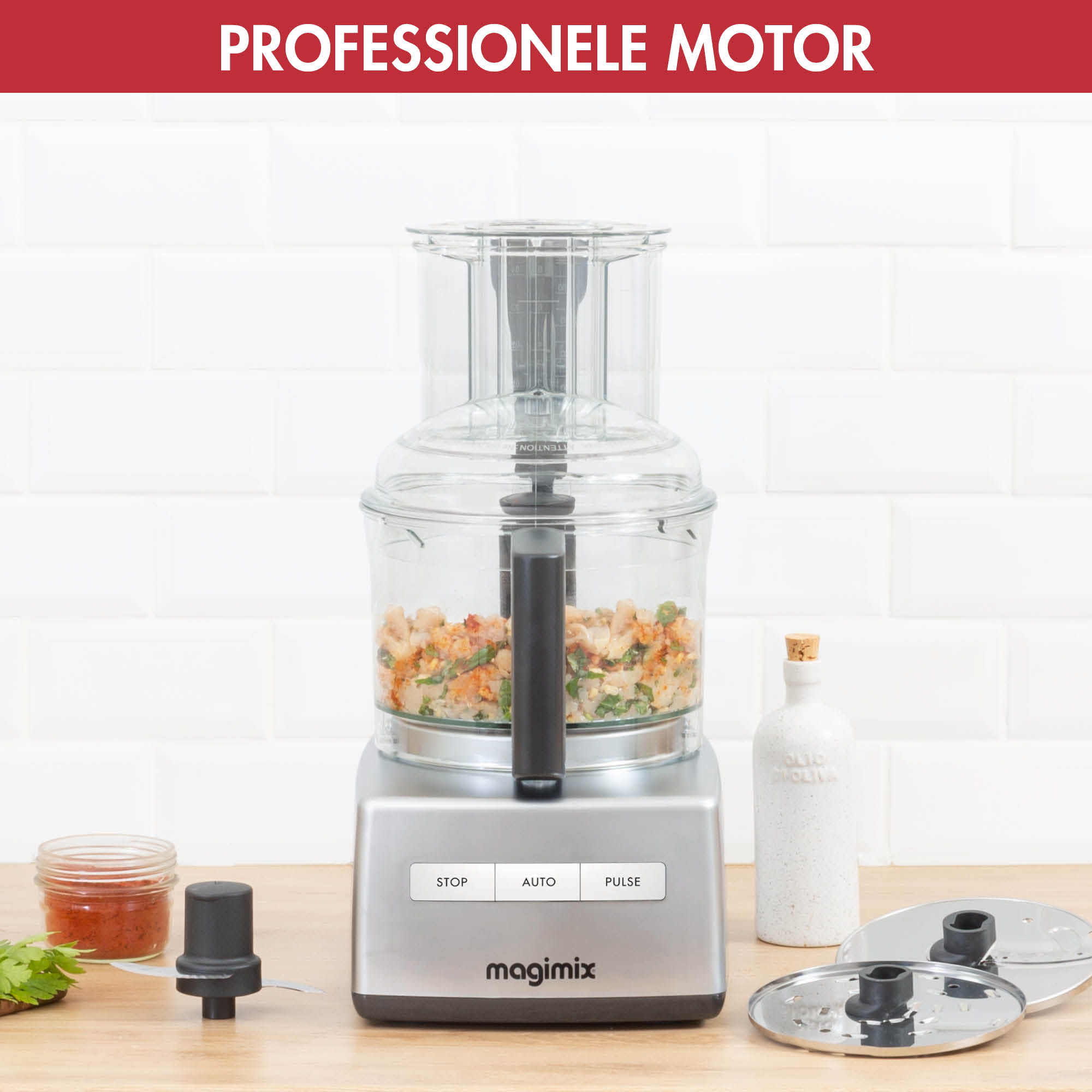 Food processor with ingredients and accessories on the kitchen counter, with text.