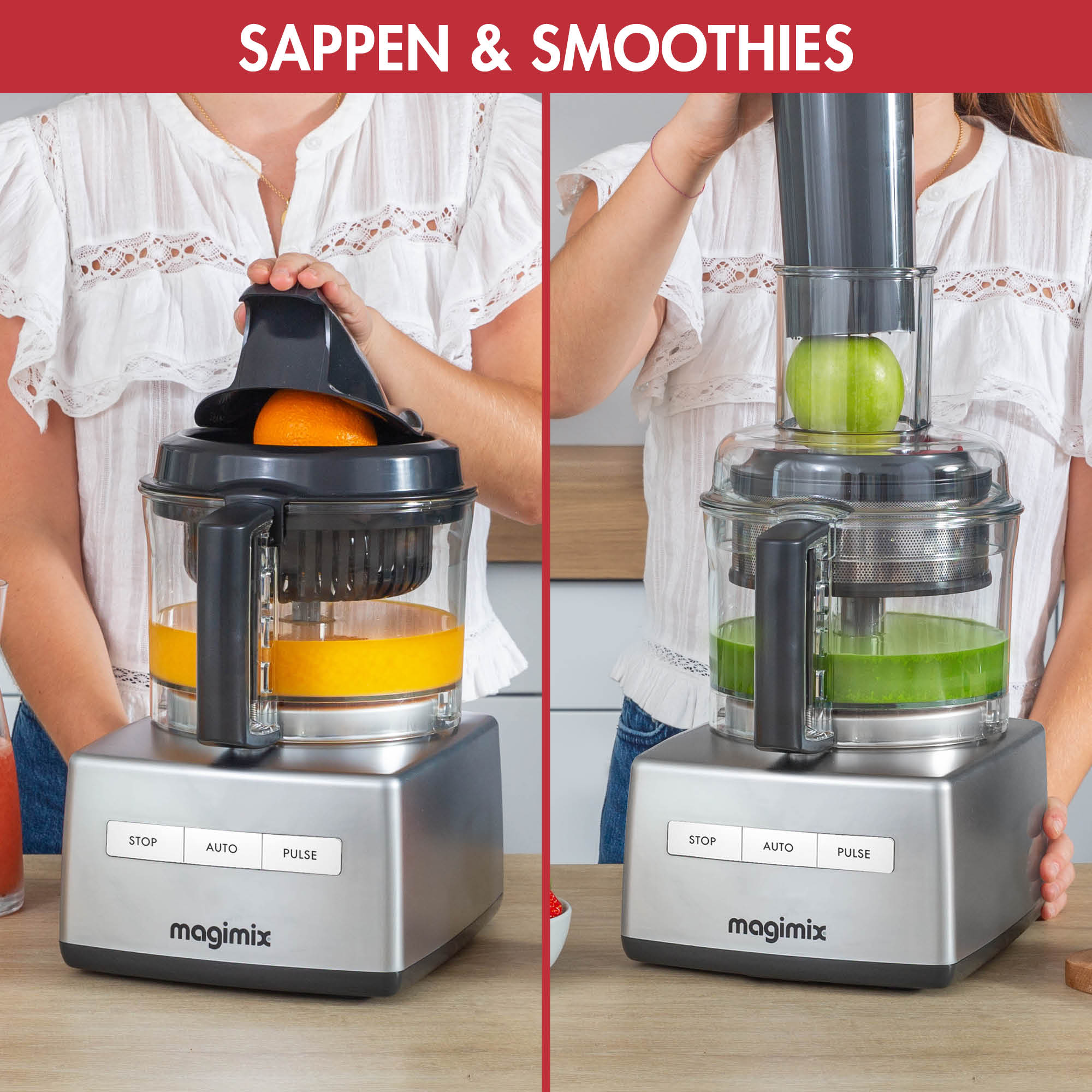 A food processor in use. A woman is juicing an orange, and another is juicing a green apple.