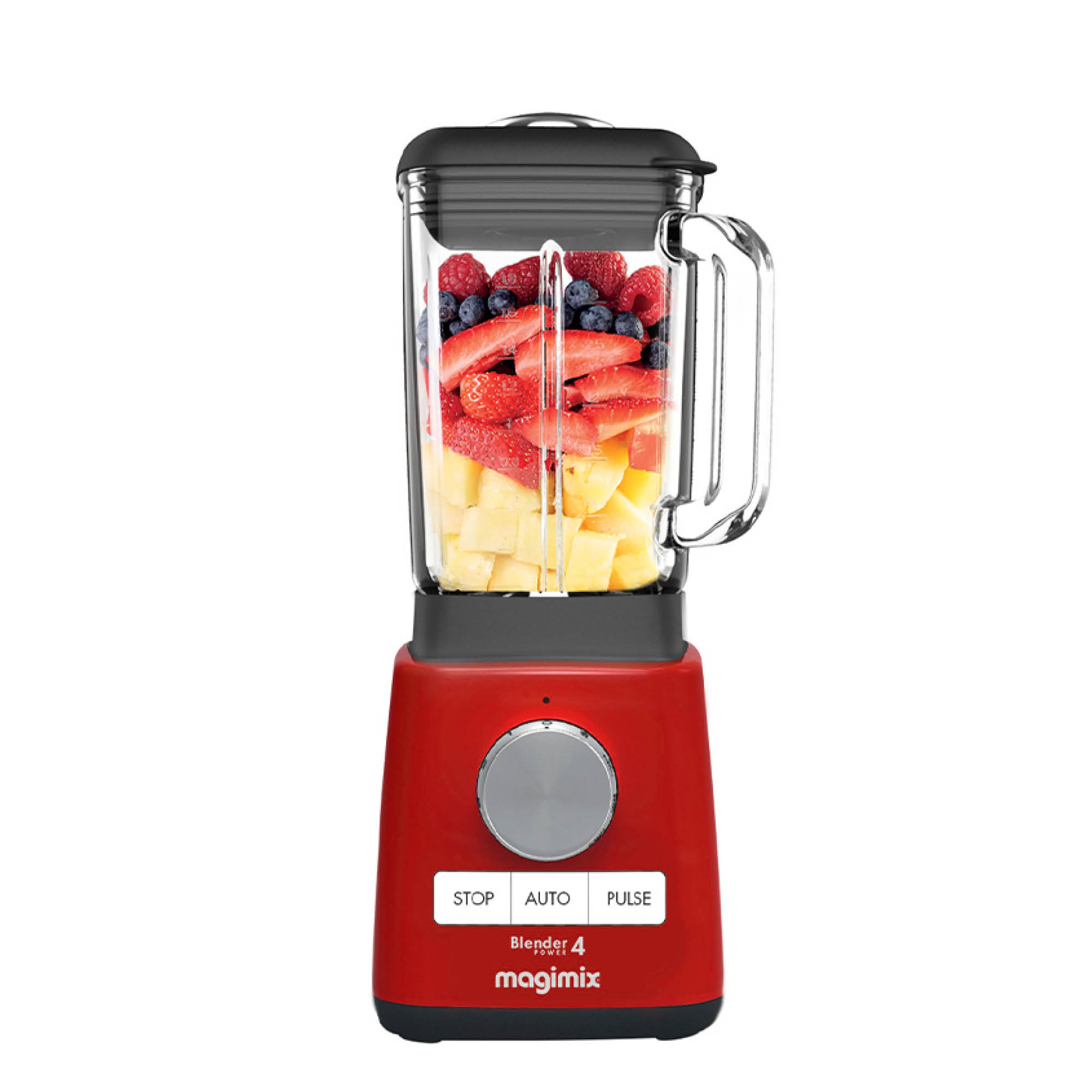 Een rode blender met fruit erin, klaar om te blenden.