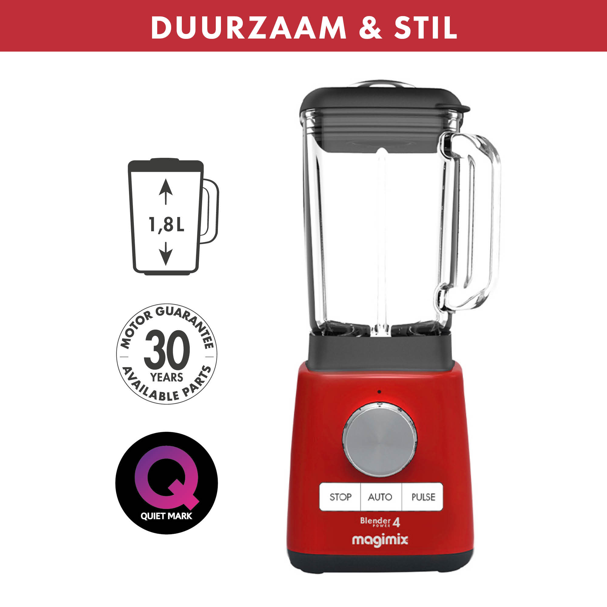 Een rode blender met een glazen kan en een zwart deksel.