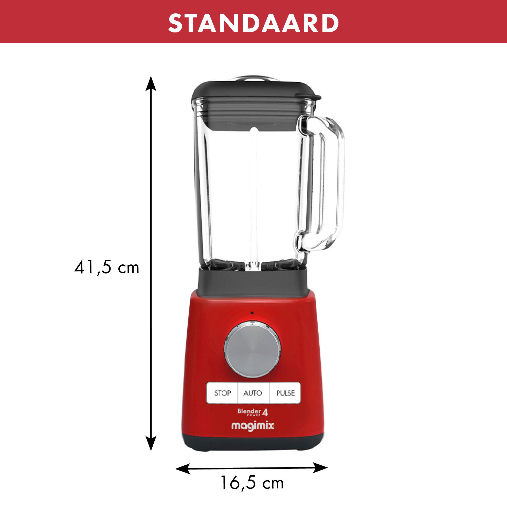 Een rode blender wordt getoond, met afmetingen. De blender heeft een stop-, auto- en pulsknop.