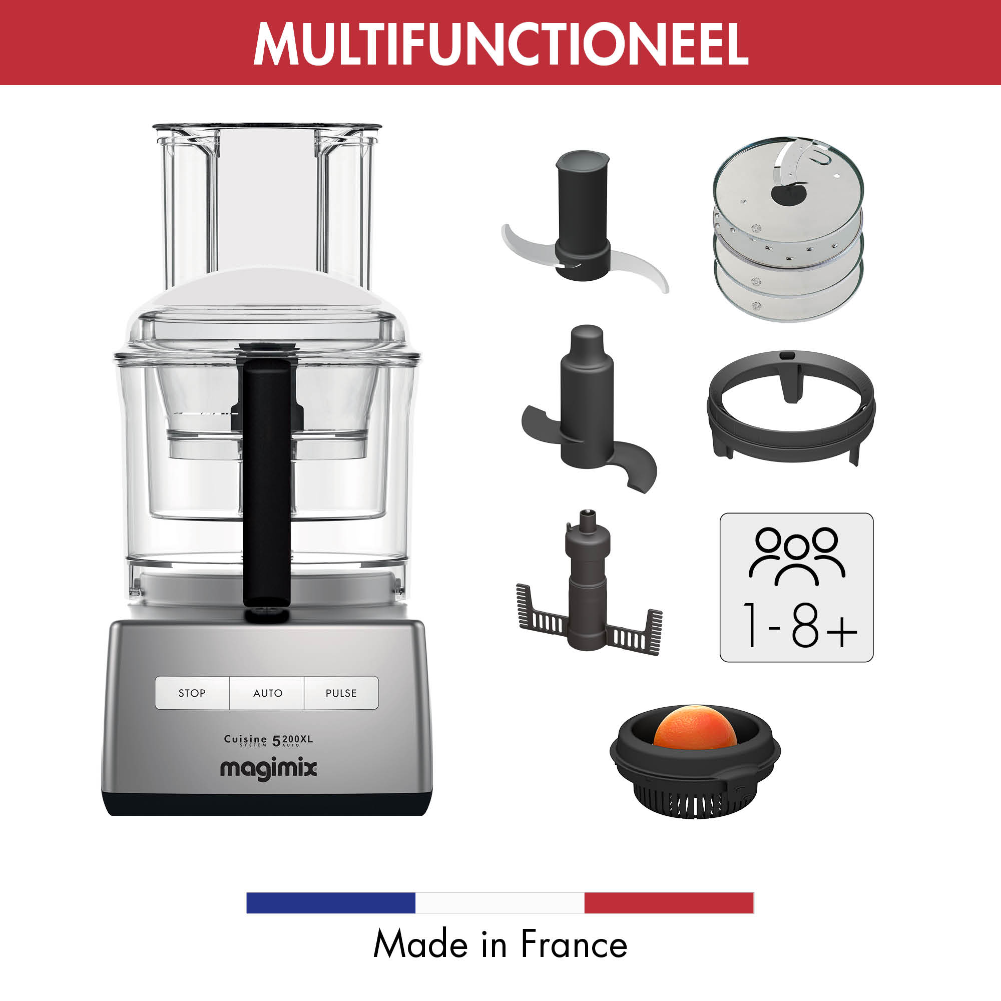 Silver food processor with accessories. Stop, Auto, Pulse buttons. Made in France, 1-8+ people.