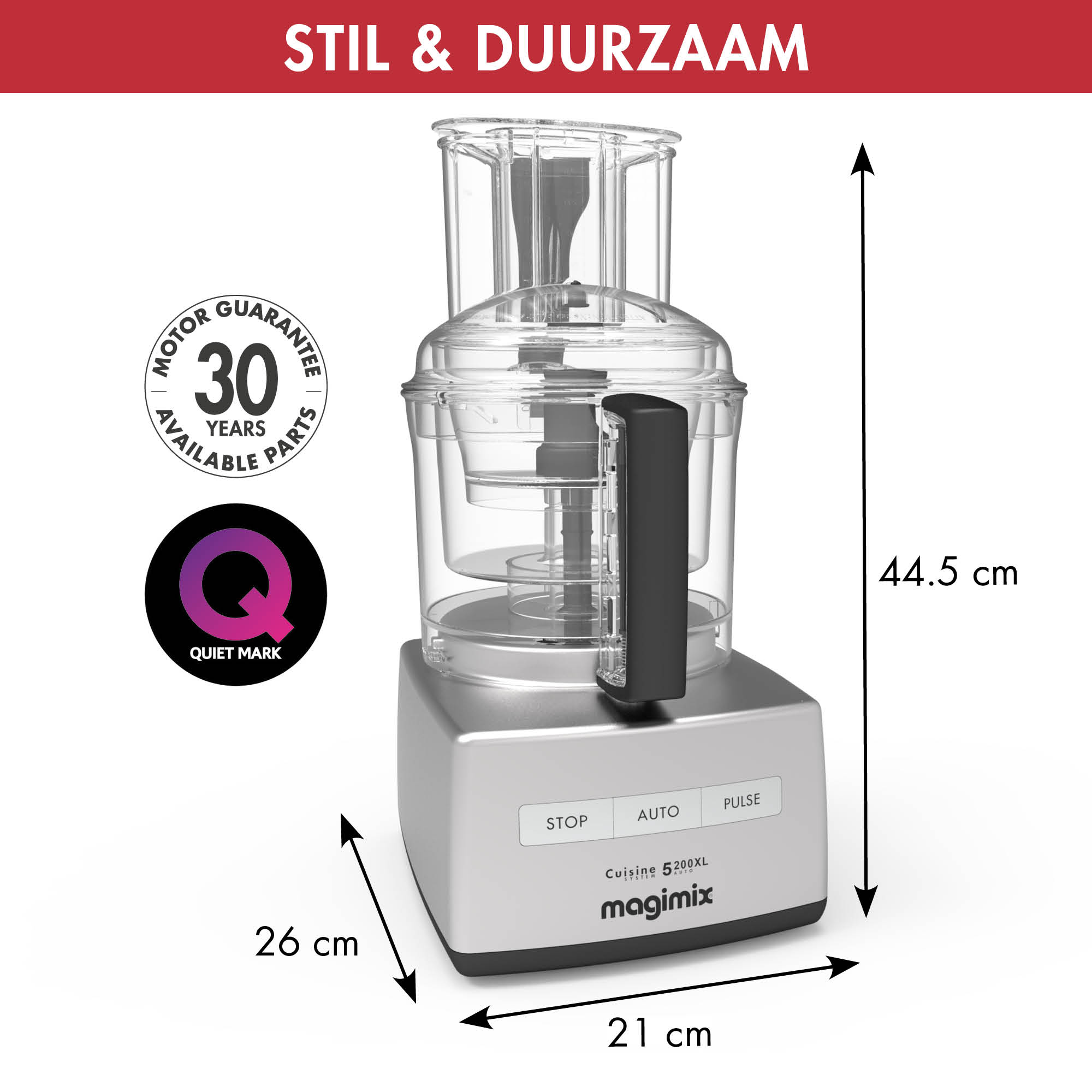 Silver food processor with dimensions. Features include stop, auto, and pulse buttons. White background.
